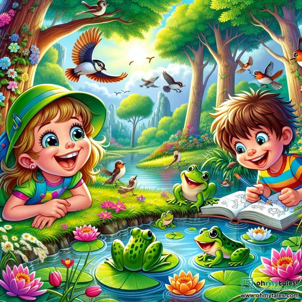 A 6-year-old girl with big bright eyes and a radiant smile wears a green hat and a colorful t-shirt. She crouches by a small pond, watching frogs happily jumping on lily pads. Next to her, a 6-year-old boy named Tom, with messy brown hair and a striped shirt, holds a notebook and draws the animals he sees. In the background, majestic tall trees with vibrant green leaves surround the area, while birds sing in the branches. The scene exudes a joyful and curious atmosphere, with colorful flowers growing around the pond, as the two children marvel at the beauty of nature.