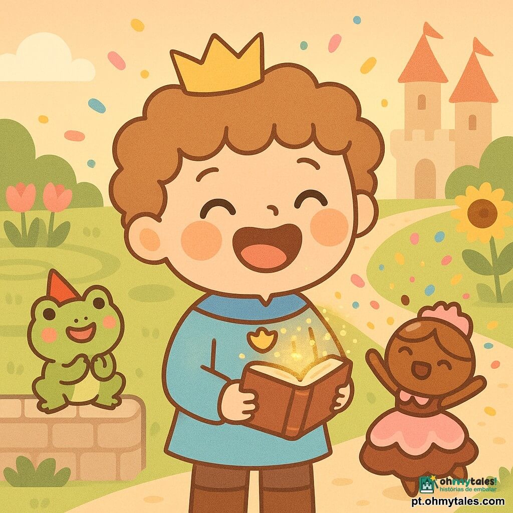 Príncipe Pedro (menino, ~10 anos), rosto redondo e sorridente, cabelo castanho-claro encaracolado, veste túnica azul-claro com pequeno brasão dourado; segura um pequeno livro mágico brilhante coberto de pó dourado e ri, olhos semicerrados, bochechas coradas. Uma princesa de chocolate (figurinha viva, mulher), pequena e arredondada, marrom brilhante, vestido de cobertura rosa, dança alegremente lançando confetes açucarados. Um sapo falante (masculino), verde com chapéu de festa vermelho, observa do muro de pedra à esquerda batendo palmas. Jardim do castelo: relva aparada em círculos, canteiros de flores vivas (tulipas rosas, girassóis amarelos), caminho de pedras claras, torres ao fundo sob céu crepuscular alaranjado. Cena: explosão de confetes coloridos ao redor do príncipe e das figuras, atmosfera alegre, luz suave do pôr do sol, estética fofa e arredondada, cores pastéis com toques dourados, composição centrada no príncipe e no livro mágico.