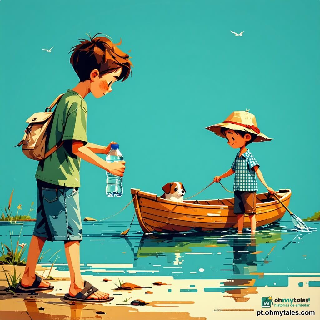 Quatro personagens: Miguel, menino de 8 anos, cabelo castanho curto, camiseta verde e bermuda jeans, segura um saco de lona claro e apanha uma garrafa de plástico junto à água; Tomás, menino de 8 anos, cabelo loiro despenteado, boné de palha, camisa xadrez e short, empurra um pequeno barco de madeira na beira do lago; avô, cerca de 70 anos, cabelo e bigode brancos, suéter bege e luvas de jardinagem verdes, segura um par de luvas e um saco aberto, em pé atrás dos meninos, sorrindo e orientando-os; vizinha, menina de 8 anos, cabelo preto em trança, vestido amarelo com flores, recolhe papéis e os coloca num saco, colocada à frente à direita, olhando para os meninos. Local: pequeno lago campestre com margem herbosa, água calma refletindo o céu azul, nenúfares, juncos, algumas pedras na margem, árvore frutífera à esquerda fazendo sombra suave, casa de madeira ao fundo, cerca de madeira e flores silvestres. Situação: limpeza amistosa à beira do lago — crianças e avô recolhendo lixo, sacos cheios, gestos colaborativos e expressões alegres, luz de fim de tarde com cores quentes, composição clara em blocos de cor.
