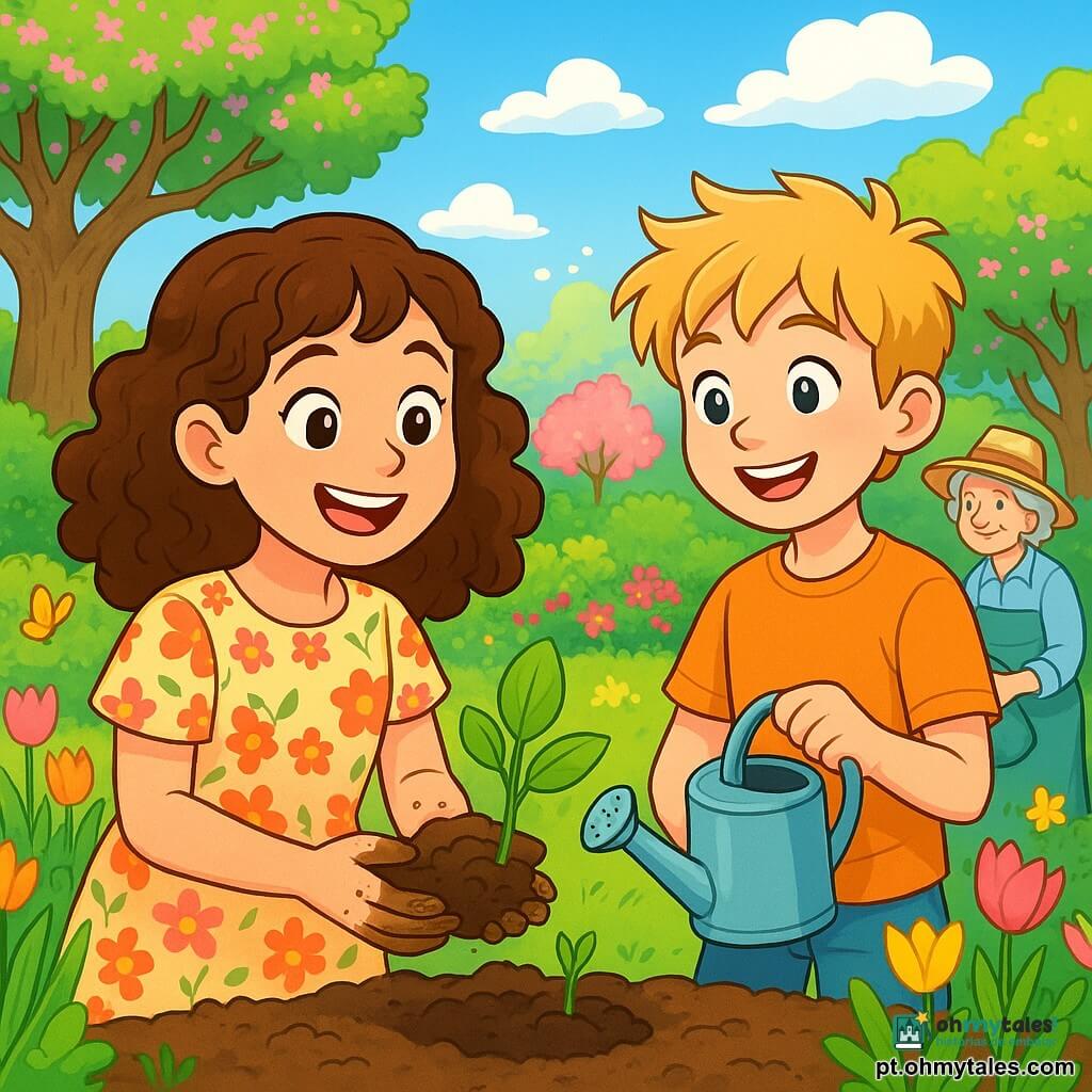 Uma menina de 12 anos, com cabelos castanhos e cacheados, sorridente e cheia de entusiasmo, está no centro de um jardim vibrante de cores primaveris. Ela usa um vestido leve com estampas florais, suas mãos estão sujas de terra, e ela observa com admiração as sementes de girassol que acabou de plantar. Ao lado dela, um menino de 10 anos, com cabelos loiros e bagunçados, segura um pequeno regador, pronto para molhar as novas plantações. Ele exibe um grande sorriso, com os olhos brilhando de alegria. Mais adiante, uma mulher idosa, a avó da menina, com cabelos prateados e um chapéu de jardineiro, rega flores com um velho regador de metal, observando ternamente as crianças. O jardim é um verdadeiro quadro de primavera, com tulipas coloridas, árvores em flor e um céu azul salpicado de nuvens brancas e fofas. Ao fundo, um velho carvalho majestoso projeta uma sombra suave no chão, onde insetos zumbem alegremente. A cena principal mostra a menina e o menino plantando sementes de girassol, cercados por risadas e cores vibrantes, simbolizando o encanto e a alegria da primavera.