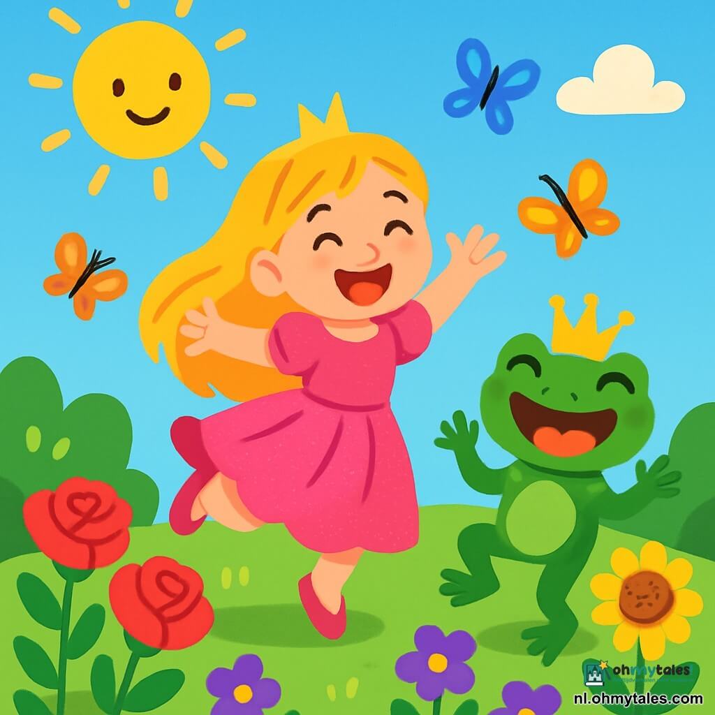 Een blije prinses van ongeveer 8 jaar met lange glanzende blonde haren en een sprankelende roze jurk springt van blijdschap in een bloeiende tuin. Haar gezicht straalt met een grote glimlach en haar ogen fonkelen van geluk. Naast haar staat een klein jongetje, een kikkerkoning van 5 jaar, met glanzende groene huid en een gouden kroon op zijn hoofd, die grimasjes trekt terwijl hij lacht. De tuin is gevuld met kleurrijke bloemen, zoals rode rozen, gele zonnebloemen en delicate viooltjes, onder een stralende blauwe lucht. Multikleurige vlinders fladderen om hen heen, wat de magie van het moment versterkt. De prinses en de kikkerkoning hebben samen plezier, springen van blijdschap en lachen, terwijl de kroon van de kikkerkoning in de zon schittert. Het is een moment van puur geluk in een betoverd koninkrijk.