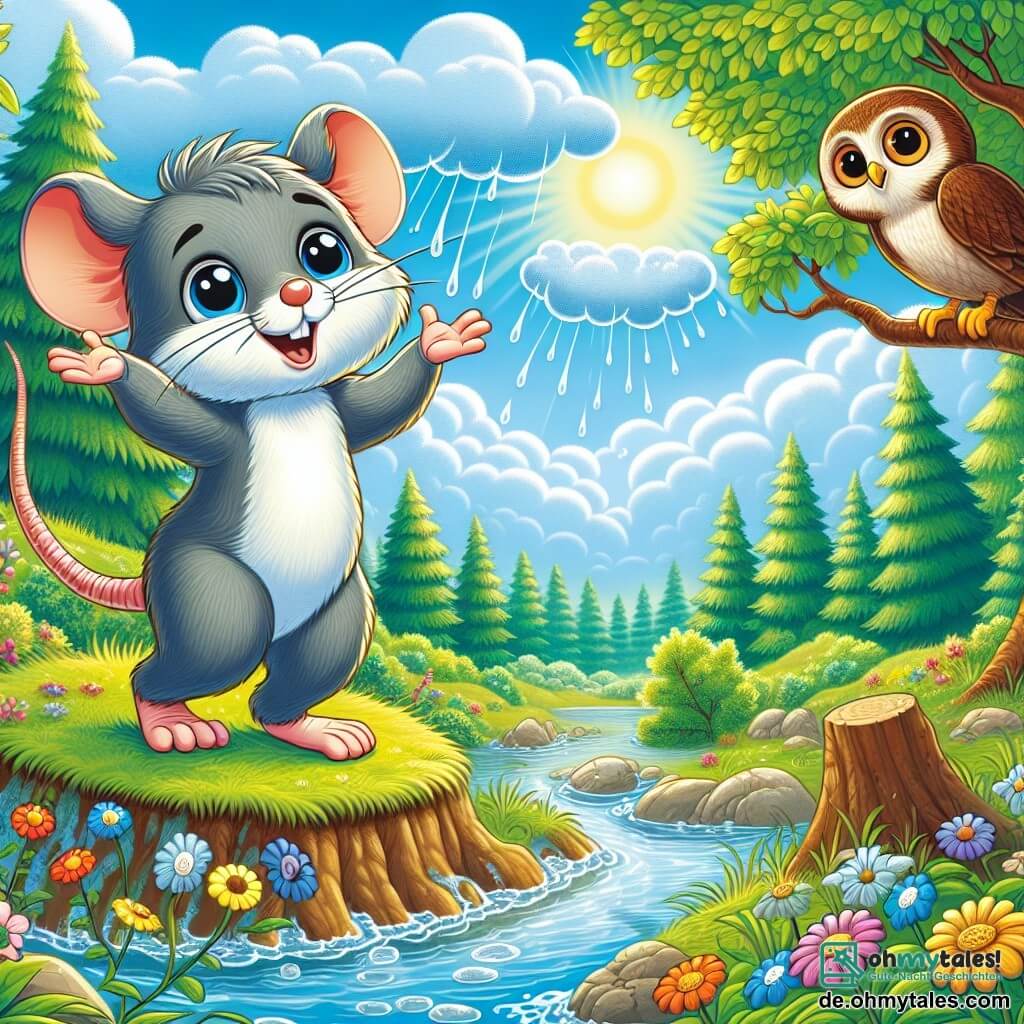 Remi, die kleine Maus, ist ein niedlicher Nager mit grauem Fell und großen, neugierigen Augen. Er steht auf einem hohen Plateau, hebt seine Vorderpfoten gen Himmel mit einem fröhlichen Lächeln und ruft die Wolken um Hilfe. Neben ihm sitzt Hugo, die weise Eule mit braunen Federn und runden Augen, auf einem Ast, schaut Remi wohlwollend an und lächelt leicht, bereit ihn zu ermutigen. Die Kulisse ist eine wunderschöne Waldlandschaft mit majestätischen Bäumen, leuchtend grünen Blättern, bunten Blumen, die im Wind tanzen, und einem blauen Himmel mit flauschigen Wolken. In der Ferne glitzert ein kleiner Bach in der Sonnenlicht, fast ausgetrocknet, während sich durstige Blumen neigen. In dieser Szene ruft Remi die Wolken, damit sie regnen und den Bach füllen, um Leben und Freude in den Wald zu bringen.