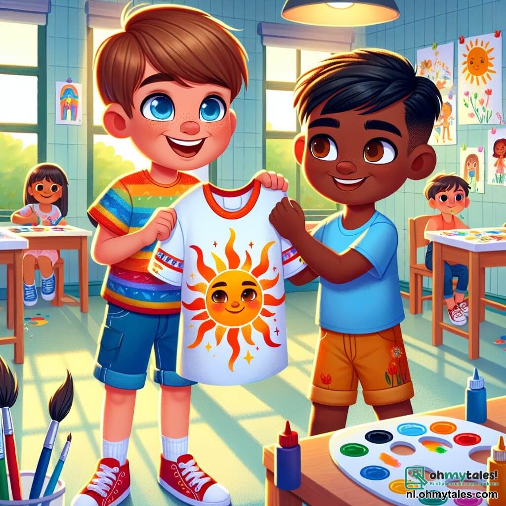 Een 10-jarig jongetje, Tom, met kastanjebruin haar en sprankelende ogen, glimlacht vrolijk terwijl hij een kleurrijk T-shirt vasthoudt dat hij samen met zijn vriend heeft gemaakt. Hij draagt een blauwe short en rode sneakers, en zijn gezicht straalt trots en enthousiasme uit. Naast hem is Sam, een 10-jarig jongetje met zwart haar en een karamelkleurige huid, bezig een T-shirt te schilderen met zon- en sterpatronen, met een verlegen maar blije glimlach. Ze bevinden zich in een lichte klaslokaal, versierd met kindertekeningen aan de muur, met ramen die zonlicht binnenlaten en een warme, uitnodigende sfeer creëren. Achterin de ruimte staan tafels vol met kunstbenodigdheden: verf, penselen en witte T-shirts die klaar zijn om versierd te worden. De belangrijkste situatie laat Tom en Sam zien die vrolijk samenwerken aan hun T-shirts, wat hun vriendschap en boodschap van tolerantie symboliseert, omringd door andere kinderen die hen nieuwsgierig en met bewondering aankijken.