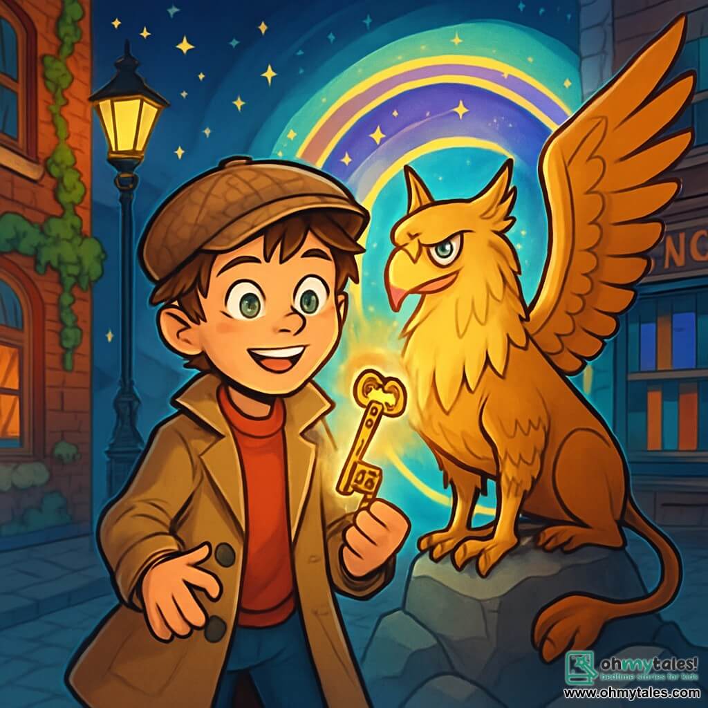 A 12-year-old boy, Arthur, stands at the center of the scene, his eyes shining with curiosity and excitement. He wears a worn trench coat and a tweed cap, his slightly tousled brown hair. In his hand, he holds a brass key adorned with shimmering runes, his face illuminated by the magical light emanating from the key. Beside him stands a majestic griffin with golden feathers and piercing eyes on a rock, its wings spread, ready to take flight. It looks at Arthur with a wise and protective expression. The setting is an ancient district of Eldridge, with cobblestone streets sparkling under the lamplight, ivy-covered brick buildings, and an antique bookstore in the background, its windows adorned with colorful book covers. The atmosphere is filled with magic, with sparks of light floating in the air. The main scene shows Arthur discovering the magical key, surrounded by the griffin's mystical aura, as they prepare to enter a shimmering portal opening behind them, revealing a fairy-tale world beyond.