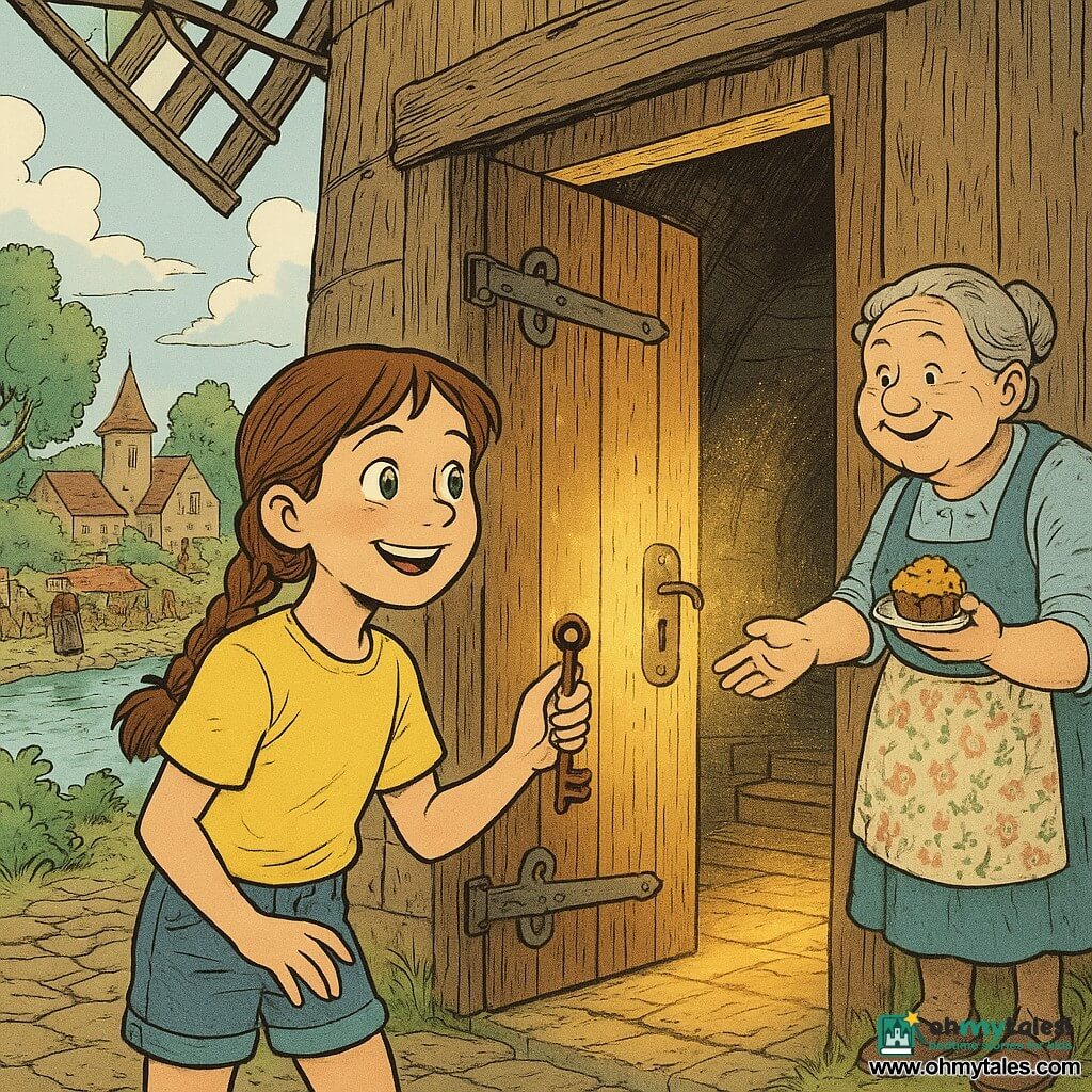 An 8-year-old girl, delighted and smiling, braided brown hair, bright green eyes, wearing jean shorts and a yellow T-shirt, holds a small rusty key in her right hand and pushes a hidden wooden door at the back of the mill; an approximately 8-year-old boy, Max, curious and enthusiastic, with tousled blond hair and a green backpack, stands slightly behind her, admiring and reaching to help; an elderly woman of about 70, kind and plump with gray hair in a bun and a floral apron, smiles offering a small pastry visible through the door as if from the old village; the weathered wooden mill with large wooden sails and carved iron-bound doors opens onto a spiral stone staircase bathed in a swirling golden light; around the mill a sparkling river, green-leaved trees and stone village houses in the background with cobbles, market stalls and period-dressed silhouettes; the scene captures the moment the door opens, golden light and floating dust motes spill out, wonder on the faces, and a composition focused on the tension between present and past.