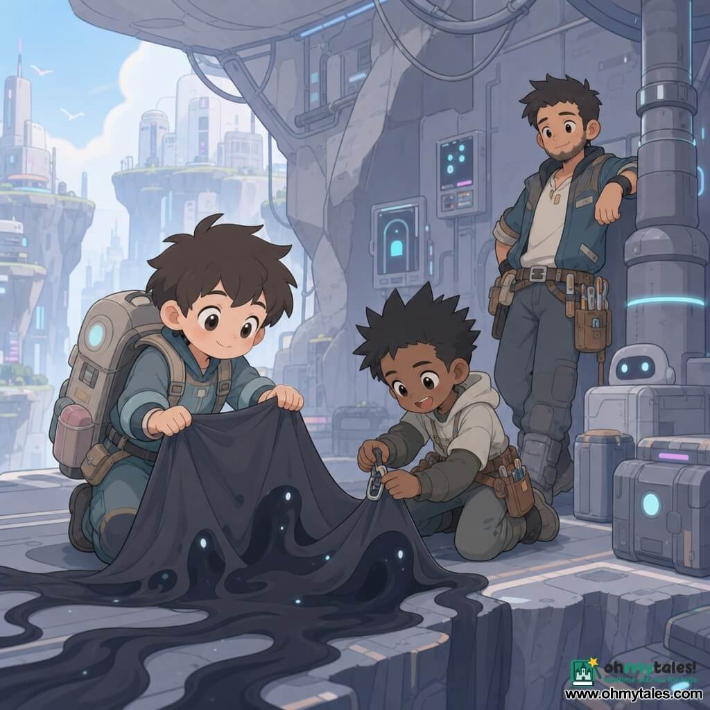 A 12-year-old boy with a round face and large bright eyes, smiling with a determined, curious look, wears an oversized backpack and holds a dark fabric spread like a tent; another roughly 12-year-old boy (Lio) with spiky hair and an enthusiastic expression stands slightly behind and to the right helping clip the fabric; an adult man (Orin, ~35) with stubble and engineer's clothes with a tool belt leans on a pipe at the back of the maintenance bay, relieved. The setting is a maintenance bay in a futuristic cliff-city: smooth stone walls inlaid with silver cables, flickering gray screens, marked crates, pipes and cold LED light. The main action shows the boy pitching the dark veil as a small tent to contain a fluid shadow on the floor while the screens slowly regain light. Color palette: pastel tones for the characters, metallic gray-blue for the bay, matte near-black veil, soft neon accents. Simple, readable composition with rounded shapes, crisp outlines, and a comforting yet mysterious atmosphere.