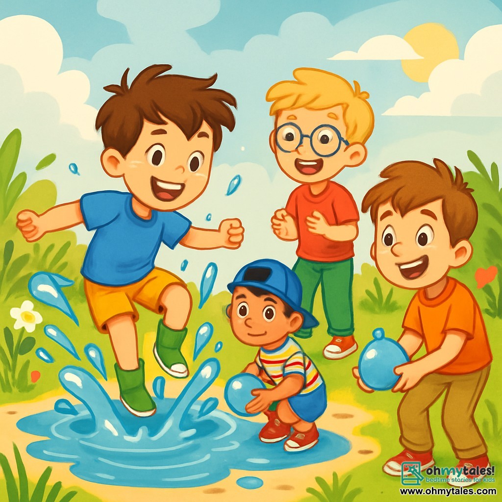 There are 4 children: - Tommy: a 10-year-old boy with messy brown hair and sparkling eyes. He wears a blue t-shirt and yellow shorts, jumping in a large puddle and splashing water around him. - Jake: a 10-year-old boy with blonde hair and glasses. He wears a red t-shirt and green pants, standing at the edge of the puddle, laughing and ready to jump. - Sam: a 10-year-old boy with black hair and a blue cap. He wears a striped t-shirt and denim shorts, crouching down with a water balloon, ready to throw it. - Leo: a 10-year-old boy with brown hair and freckles. He wears an orange t-shirt and beige pants, picking up another water balloon and smiling widely. The scene takes place in a lush garden with tall grass and colorful flowers surrounding a sparkling puddle. The sky is cloudy but lets through some rays of sunshine, illuminating the splashes of water and creating a joyful atmosphere. The main situation shows the children having fun together, jumping in the puddle and splashing water, laughing as droplets sparkle around them like diamonds.