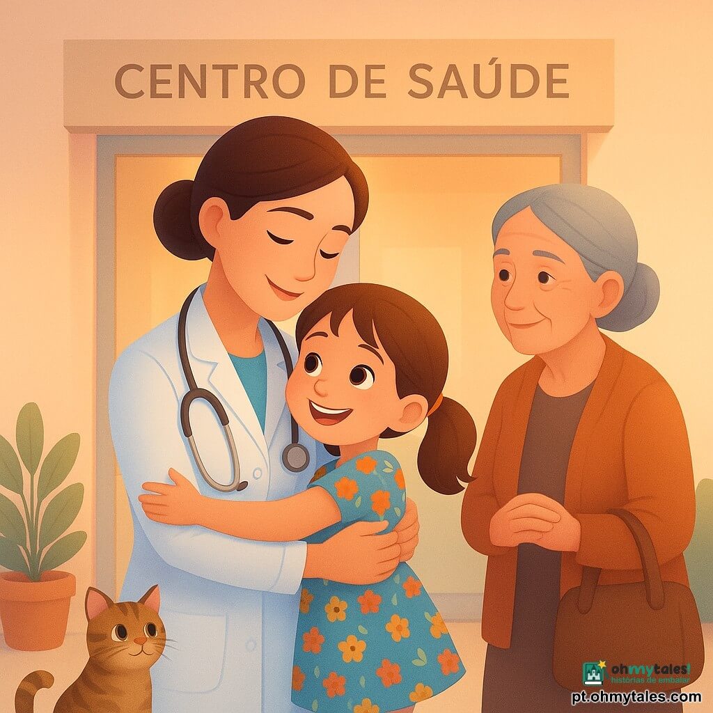 Doutora Clara sorridente, cabelos castanhos em coque, bata branca e estetoscópio, abraça Margarida, menina de ~7 anos com tranças e vestido florido, sorriso aliviado; ao lado, avó de ~70 anos de cabelos grisalhos em coque baixo e cardigan, mãos no saco, olhar protetor; gato tigrado Tobias junto à entrada; cenário: porta de vidro do Centro de Saúde com placa discreta, vasos verdes e luz dourada do entardecer; cena central: abraço caloroso e tranquilizador, atmosfera serena e acolhedora, cores pastel suaves, estilo ilustrativo infantil moderno, fundo levemente desfocado.