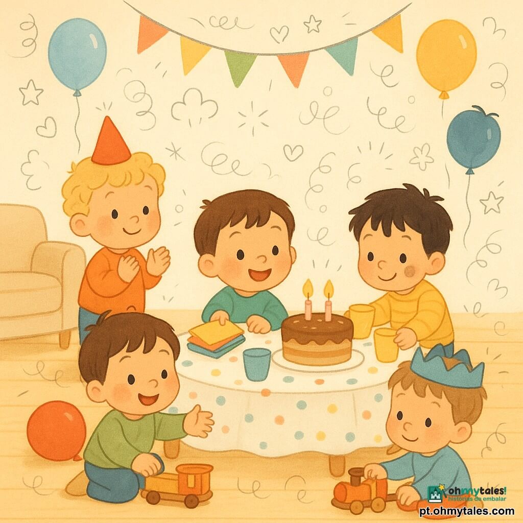Quatro meninos de 2 anos: Tom, loiro e encaracolado, sorridente com um chapéu de papel vermelho; Léo, moreno de cabelo liso, estendido para colocar guardanapos; Nino, cabelos pretos despenteados com mancha de chocolate na bochecha, ajeitando copos plásticos amarelos; Gui, castanho-claro com uma pequena coroa azul, sentado no chão brincando com um trem de madeira ao lado de um balão vermelho. Cena numa sala clara e acolhedora com paredes creme, bandeirolas coloridas, chão de madeira e um grande tapete/mesa baixa com toalha de bolinhas; festa de aniversário tranquila em torno de um bolo com duas velas acesas, decoração simples, ambiente colorido e seguro.