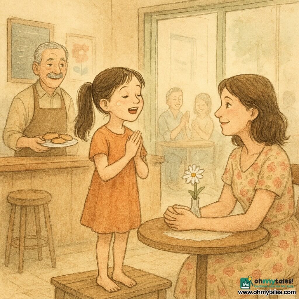 A joyful, focused 10-year-old girl with a brown ponytail, flour-dusted cheeks and bright eyes stands on a small improvised wooden platform, singing softly with her hands clasped; her emotional, tender mother (about 35–40) with mid-length chestnut hair sits at a table facing her, holding her hand, wearing a floral dress with a vase holding a daisy nearby; an older café owner (about 60–70) with a gray mustache and brown apron stands behind the counter at left, smiling and bringing cookies on a plate; the small neighborhood café has cream walls, large windows with soft light, worn wooden tables, paper doilies, warm-colored posters and a tiny stage by the window; the scene is an intimate, luminous moment as the girl sings to her mother, patrons smile and applaud softly, with a warm atmosphere, a soft palette of ochre, pale pink and sage green and light watercolor textures.