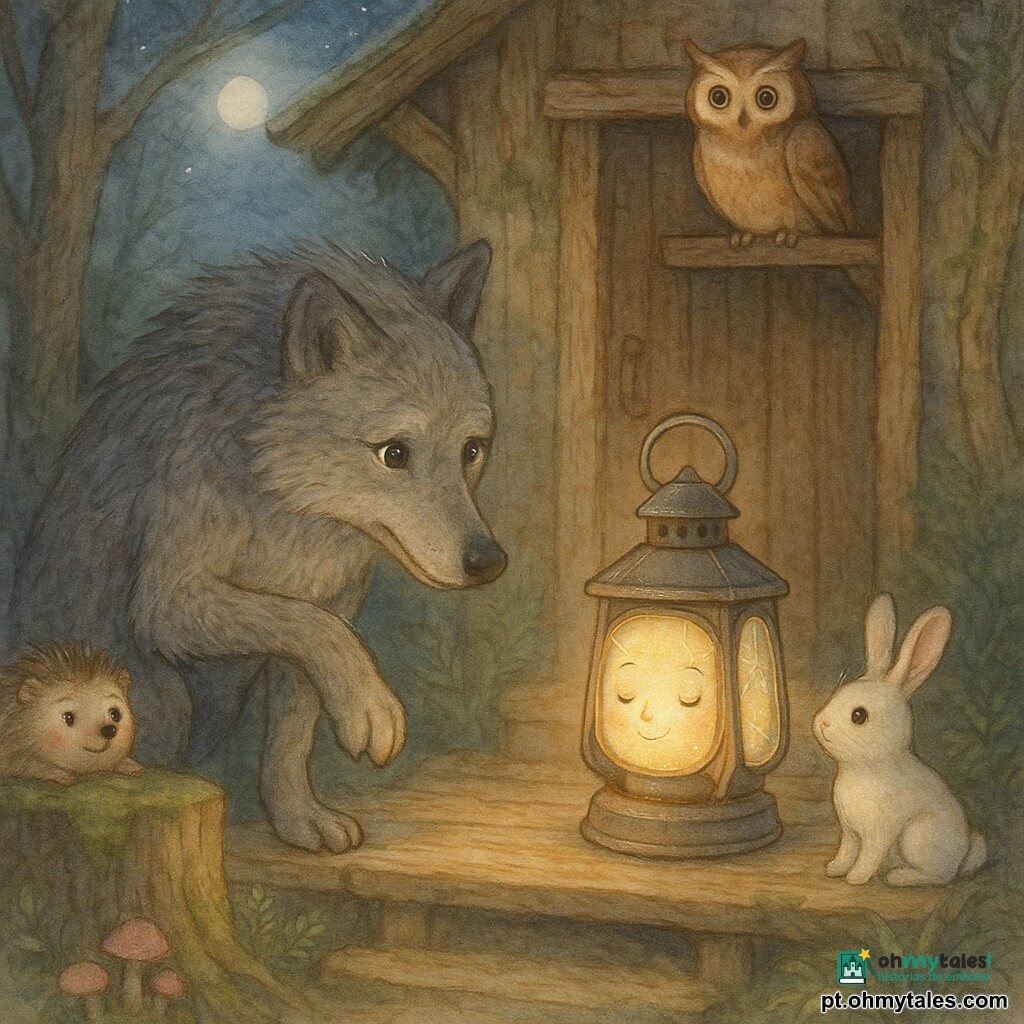 A personagem principal é Lumina, uma pequena lanterna antiga de metal escovado e vidro craquelado que emite um brilho amarelo quente e tranquilizador, com rosto delicadamente pintado, sobre o limiar de uma casinha de madeira; perto dela, o Grande Lobo Mau surge como um grande lobo cinzento de pelagem texturizada, olhos brilhantes e úmidos, expressão envergonhada e curiosa, levemente agachado e hesitante; um coelhinho branco de orelhas em pé está aconchegado à direita do limiar, maravilhado; um corujão ruivo empoleirado numa viga acima da porta observa atento; um ouriço redondo e espinhoso, tímido mas sorridente, esconde‑se atrás de um toco à esquerda; o cenário é um alpendre de madeira gasto e musgoso com vasos de flores secas e cogumelos rosados na base, rodeado por uma floresta densa de troncos retorcidos e samambaias, sob um céu noturno aquarelado em índigo e uma lua pálida que filtra raios prateados; a cena principal é um instante íntimo e luminoso em que a lanterna fala suavemente ao lobo hesitante, a luz quente ilumina os rostos e a sombra da floresta enquadra a cena, criando uma atmosfera doce, serena e esperançosa.