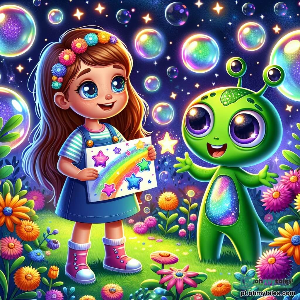Uma menina de 6 anos, Ana, com longos cabelos castanhos e olhos brilhantes de curiosidade, está de pé em um jardim de bolhas de ar. Ela sorri com admiração, segurando um desenho colorido de estrelas em suas mãos. Ao lado dela, um extraterrestre verde chamado Zipo, com três grandes olhos redondos e uma pele cintilante, ri alegremente. O jardim está cheio de plantas luminosas e bolhas flutuantes, criando uma atmosfera mágica e futurista. Ana e Zipo estão cercados por flores de cores vivas, e estrelas brilhantes piscam em um céu escuro ao fundo. Eles estão trocando presentes, Ana entregando seu desenho a Zipo, enquanto Zipo lhe mostra uma pedra brilhante que flutua no ar.