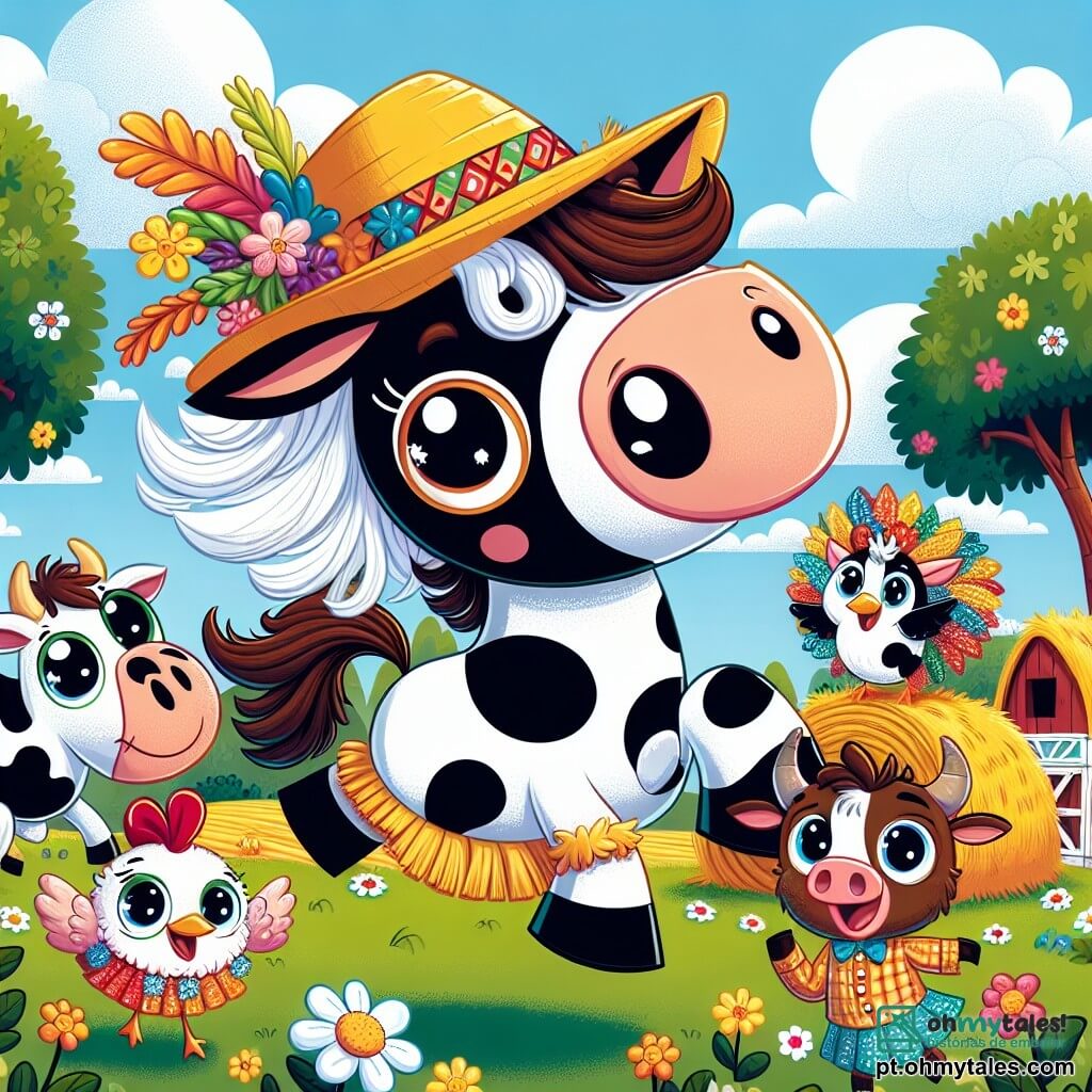 Um cavalo chamado Trovão, com uma crina bagunçada parecendo um pompom gigante, salta alegremente em um campo verdejante, seus olhos brilhando de travessura e alegria. Ao seu lado, uma vaca chamada Lelé, com manchas brancas e pretas, usa um vestido de flores coloridas e dança rindo, enquanto uma galinha chamada Pintadinha, com penas brilhantes e um chapéu de palha decorado com penas, canta em um fardo de feno. Ao fundo, um leitão chamado Chiquinho, todo coberto de lama, escorrega na grama rindo, acrescentando à atmosfera festiva. A cena acontece em uma fazenda ensolarada, cercada por campos de flores e grandes árvores, sob um céu azul com nuvens brancas fofas. Trovão e seus amigos estão prontos para participar de um desfile de moda animal, cada um exibindo orgulhosamente seus trajes coloridos e divertidos em um ambiente alegre e lúdico.