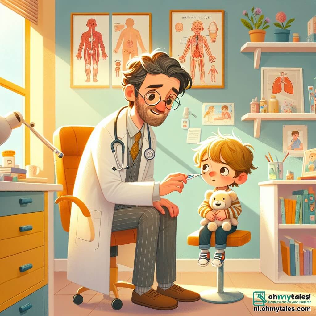De hoofdpersoon is een man, Dr. Tim, een glimlachende arts van ongeveer veertig jaar, met licht messcherpe bruine haren en ronde brillen. Hij draagt een onberispelijke witte labjas en een stethoscoop om zijn nek, terwijl hij vriendelijk naar een klein jongetje kijkt.

Het jongetje, Sam, is ongeveer 7 jaar oud, met rommelige blonde haren en roze wangen. Hij zit op een grote comfortabele stoel in de spreekkamer, met een knuffel in zijn armen, terwijl hij Dr. Tim met hoopvolle ogen aankijkt.

De spreekkamer is warm en uitnodigend, met pastelgele muren, kleurrijke anatomische tekeningen aan de muur en een boekenplank vol boeken en speelgoed. Een raam laat zonlicht binnen, dat de kamer verlicht en een vrolijke sfeer creëert.

De belangrijkste situatie toont Dr. Tim die de temperatuur van Sam opmeet met een thermometer, terwijl Sam, een beetje bezorgd maar gerustgesteld door de glimlach van de arts, geduldig wacht. Kleurrijke bloemen zijn zichtbaar door het raam, wat een vrolijke toets aan deze troostende scène toevoegt.