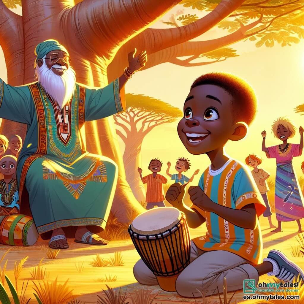 Kofi, un niño africano de 10 años, tiene ojos brillantes y curiosos, y una gran sonrisa que ilumina su rostro. Lleva una camiseta colorida y un short de tela ligera, y está sentado bajo un gran baobab, tocando alegremente el Tambor de los Sueños, con sus manos marcando el ritmo con entusiasmo. A su lado, un espíritu benevolente, un anciano con una larga barba blanca y una túnica decorada con motivos tradicionales, danza con gracia, con los brazos levantados hacia el cielo, expresando alegría y sabiduría. Un grupo de niños, chicos y chicas de unos 8 años, se encuentra alrededor de Kofi, sus rostros radiantes de felicidad, bailando y cantando al ritmo, con sus ropas coloridas ondeando en la brisa. La escena tiene lugar en una sabana africana dorada, bañada por la cálida luz del sol poniente, con majestuosos baobabs y altas hierbas ondeando suavemente al viento. Aves coloridas vuelan en el cielo, añadiendo un toque de magia a la atmósfera. La situación principal muestra a Kofi tocando su tambor, rodeado de risas y danzas, celebrando la unidad y diversidad de las culturas africanas, mientras la música resuena en el aire, creando un ambiente festivo y alegre.