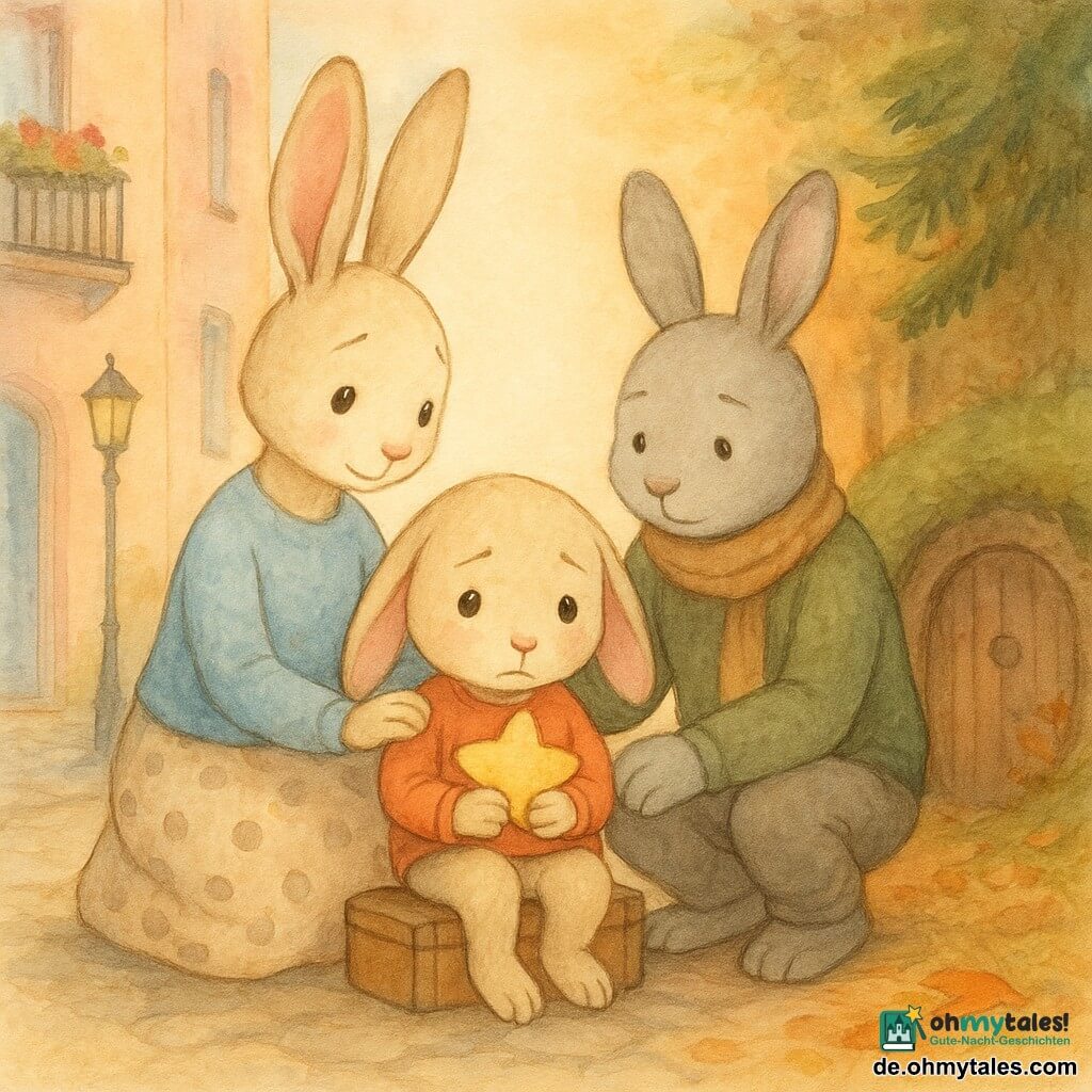 Die Hauptfigur ist ein kleiner anthropomorpher Hase namens Felix, beiges weiches Fell, große rosa Ohren, runde glänzende Augen, melancholischer aber beruhigter Ausdruck, sitzend auf einem kleinen Holzkoffer und einen sternförmigen Schmusefreund an die Brust drückend; die Mutter ist eine schlanke Häsin mit cremefarbenem Fell, hellblauem Pullover und gepunktetem Rock, zärtlichem Lächeln und Hand auf Felix' linker Schulter an der Fassade einer Wohnung; der Vater ist ein stämmiger Hase mit hellgrauem Fell, olivgrünem Pullover und hellbraunem Schal, ruhigem Blick und Hand auf Felix' rechter Schulter, hockend an einem Fuchsbau-Eingang am Waldrand; der Ort ist eine geteilte Schwelle: links pastellfarbene Wohnhausfassade mit blumigem Balkon, Kopfsteinpflaster und Straßenlaterne, rechts eine runde Holztür mit Moos, Tannenzweigen und Laubteppich, bernsteinfarbenes Zwielicht durch die Bäume; die Szene zeigt die Eltern jeweils an Felix' Seiten, einen schützenden Kreis bildend, sanfte, beruhigende Stimmung als Symbol des Versprechens geteilter Liebe trotz Trennung, warme Aquarelltöne und leichte Texturen.