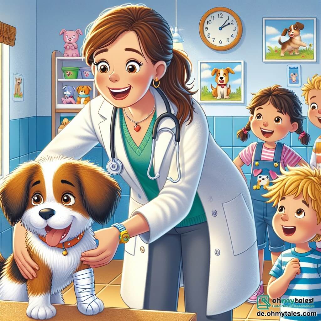 Eine lächelnde Tierärztin, Dr. Lisa, steht im Mittelpunkt des Bildes. Sie ist eine Frau in ihren Dreißigern mit braunen Haaren, die zu einem Pferdeschwanz gebunden sind, trägt einen weißen Kittel und ein Stethoskop um den Hals. Ihr Gesicht strahlt Freundlichkeit und Begeisterung aus, während sie einen kleinen Hund namens Benny untersucht, der einen Verband um sein Bein hat. Neben ihr beobachtet ein 10-jähriger Junge namens Max mit weit aufgerissenen Augen. Er hat zerzauste blonde Haare und trägt ein blaues T-Shirt mit einem Hundemotiv. Er beugt sich fasziniert nach vorne. Eine kleine Gruppe von Kindern, darunter ein 8-jähriges Mädchen namens Mia mit Zöpfen und einem bunten Kleid, steht etwas abseits, lächelt und schaut neugierig zu. Die Szene spielt sich in einer charmanten Tierarztpraxis ab. Die Wände sind hellblau gestrichen und mit fröhlichen Tierzeichnungen verziert. Spielzeuge für Tiere liegen auf dem Boden verstreut, und ein großes Fenster lässt Sonnenlicht herein, das den Raum erhellt. Dr. Lisa erklärt den Kindern, wie sie die Tiere behandelt, während sie den kleinen Hund Benny beruhigt, der glücklich und sicher wirkt. Die Kinder hören aufmerksam zu, fasziniert von den Geschichten der Tierärztin, was eine warme und lehrreiche Atmosphäre schafft.