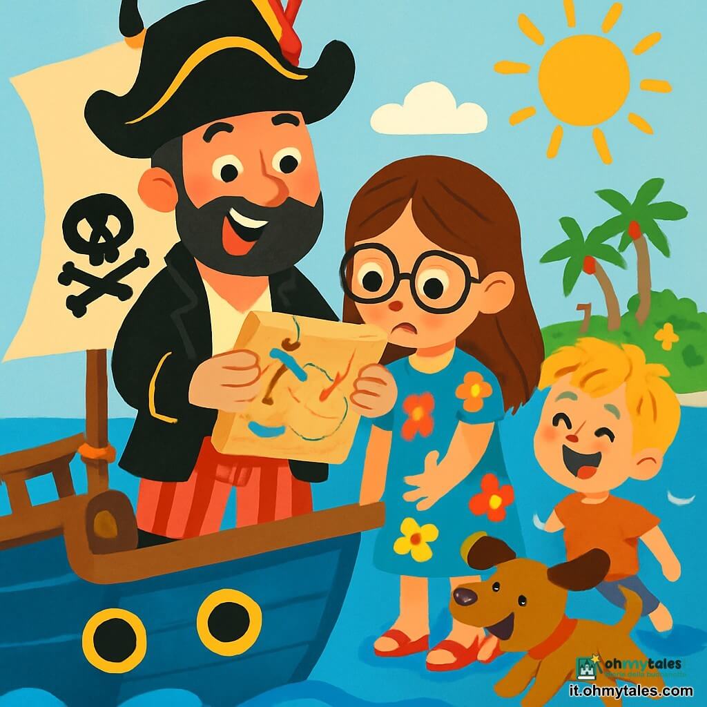 Un uomo pirata, il capitano Luca, si erge fiero sul ponte della sua grande nave blu, con un ampio sorriso gioioso. Indossa un cappello nero decorato con una piuma rossa, una camicia bianca con maniche a sbuffo e pantaloni a righe. I suoi occhi brillano di eccitazione mentre tiene una mappa del tesoro tra le mani. Accanto a lui, una giovane ragazza di 8 anni, Mia, con lunghi capelli castani e occhiali rotondi, osserva attentamente la mappa, le sopracciglia aggrottate per la concentrazione. Indossa un vestito colorato con motivi floreali e sandali. Dietro di loro, un ragazzino di 6 anni, Tom, con capelli biondi arruffati e un grande sorriso, gioca con un cagnolino che corre intorno a loro, con la lingua di fuori e la coda che scodinzola felicemente. Lo scenario è un magnifico oceano blu, con onde scintillanti sotto il sole dorato, e un'isola verdeggiante si profila all'orizzonte, piena di palme e fiori colorati. La scena principale mostra il capitano Luca e i suoi amici alla ricerca di un tesoro nascosto sulla mappa, circondati da risate e avventure, pronti a scoprire meraviglie lungo il loro cammino.