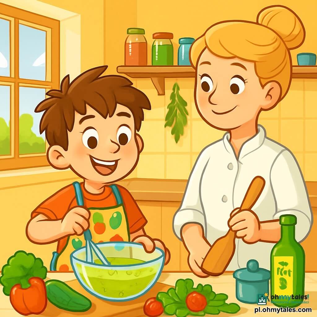 Kacper, dziesięcioletni chłopiec z rozczochranymi brązowymi włosami i błyszczącymi oczami, stoi w słonecznej kuchni, dumnie uśmiechając się podczas mieszania sosu w szklanej misce. Ma na sobie kolorowy fartuch z wzorami warzyw, a jego policzki są lekko zarumienione z ekscytacji. Jego mama, trzydziestoletnia kobieta z blond włosami związanymi w kok i ciepłym uśmiechem, stoi obok niego, z podziwem obserwując mieszanie składników. Ma na sobie białą kuchenną bluzkę i trzyma drewnianą łopatkę. Kuchnia jest jasna i przytulna, z pastelowo żółtymi ścianami i półkami wypełnionymi kolorowymi słoikami z przyprawami i ziołami. Otworzone okno wpuszcza światło słoneczne, oświetlając marmurowy blat, na którym leżą świeże warzywa i przybory kuchenne. Kacper przygotowuje pyszny sos do sałatki, otoczony miłością i wsparciem mamy, marząc o zostaniu wielkim kucharzem.