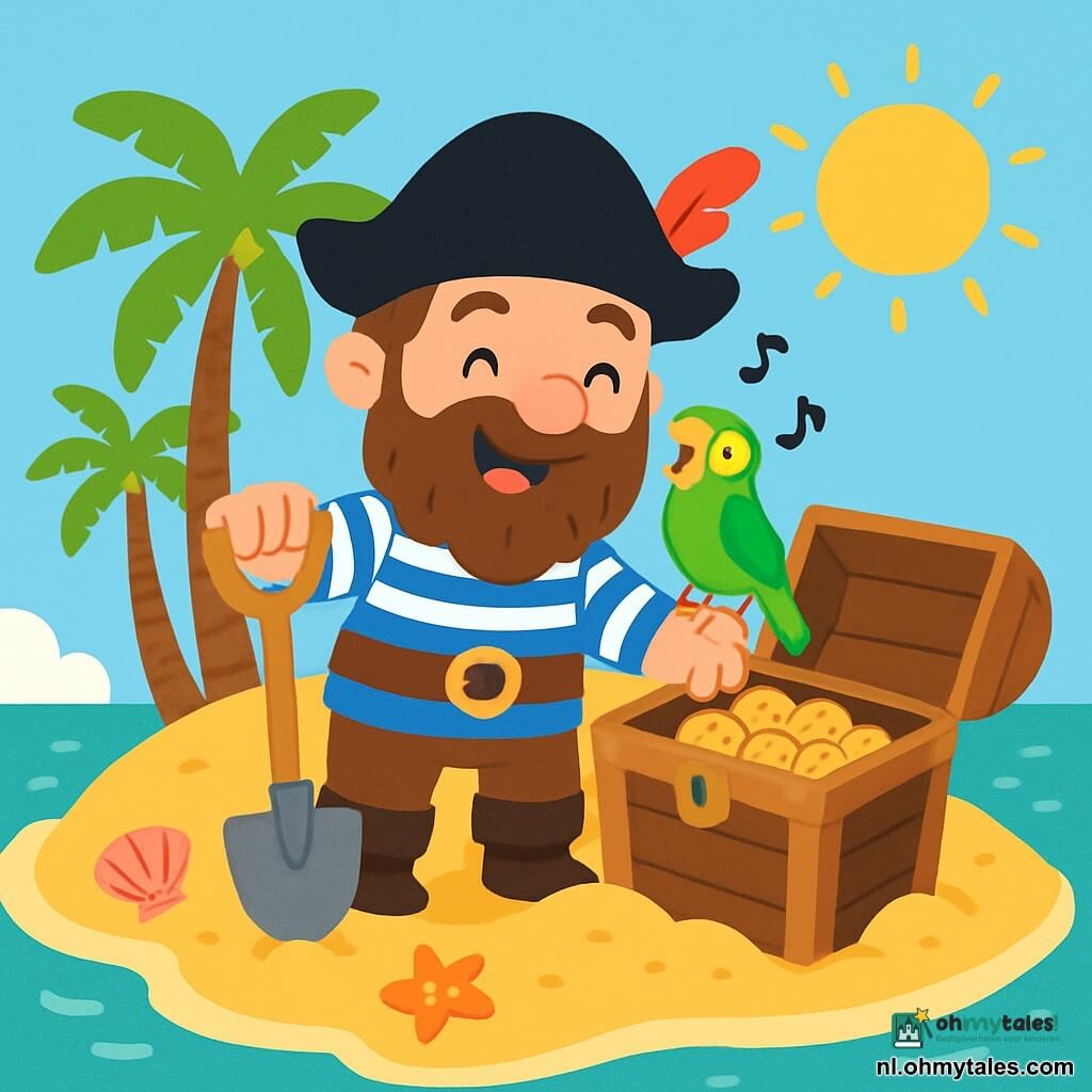 Een vrolijke piraat, Kapitein Bram, met een grote bruine baard en een zwarte hoed versierd met een rode veer, staat op het gouden zand van een klein eiland. Hij draagt een gestreepte blauwe shirt en leren broek, terwijl hij een houten schep vasthoudt. Naast hem zit zijn trouwe metgezel, een kleurrijke papegaai genaamd Piep, met groene en gele veren, op zijn schouder en kwettert vrolijk. De locatie is een tropisch eiland, omringd door een glinsterende turquoise zee onder de zon, met palmbomen die zachtjes in de wind wiegen. Schelpen en sterren van de zee liggen verspreid over het zand. Bram en Piep zijn aan het graven in het zand en ontdekken een oude houten schatkist, gevuld met heerlijke koekjes. Bram's gezicht straalt van opwinding en blijdschap, terwijl Piep vrolijk lijkt te fluiten.