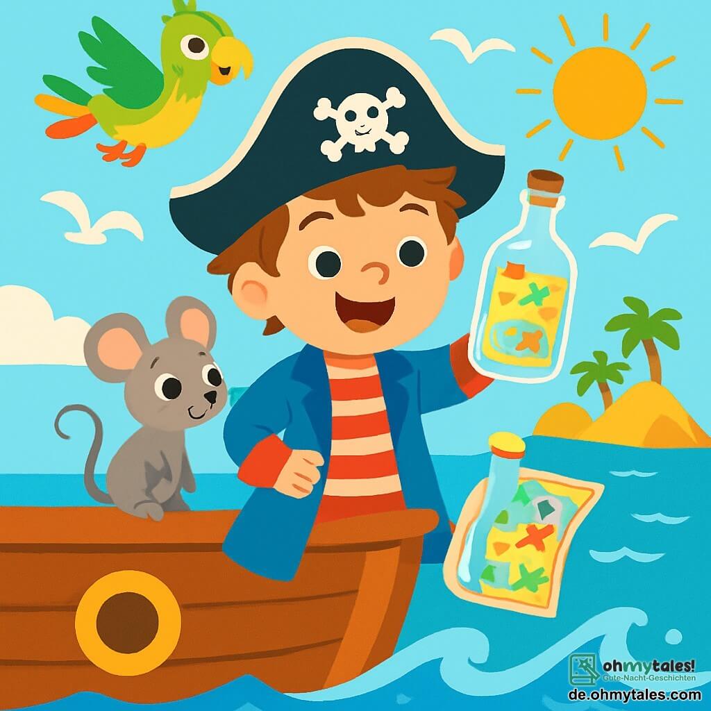 Ein junger Pirat namens Finn, etwa 8 Jahre alt, steht stolz auf dem Deck seines Schiffes. Er trägt einen großen blauen und einen roten Mantel, hat zerzauste braune Haare und ein breites, begeistertes Lächeln. Neben ihm sitzt eine kleine Maus namens Mimmi mit grauem Fell und funkelnden Augen, die neugierig auf das Meer schaut, während sie am Rand des Schiffes sitzt. Ein bunter Papagei namens Pipo mit grünen und gelben Federn fliegt fröhlich um sie herum und verleiht der Szene einen Hauch von Magie. Das Boot segelt über ein strahlend blaues Meer mit glitzernden Wellen unter der goldenen Sonne, umgeben von tanzenden weißen Möwen am Himmel. In der Ferne zeichnet sich eine geheimnisvolle Insel mit grünen Palmen und goldenen Bergen ab. Finn entdeckt eine alte Flasche, die im Wasser schwimmt und eine bunte Schatzkarte enthält, und sein Gesicht leuchtet vor Freude und Aufregung, während er sich auf das Abenteuer mit seinen Freunden vorbereitet.