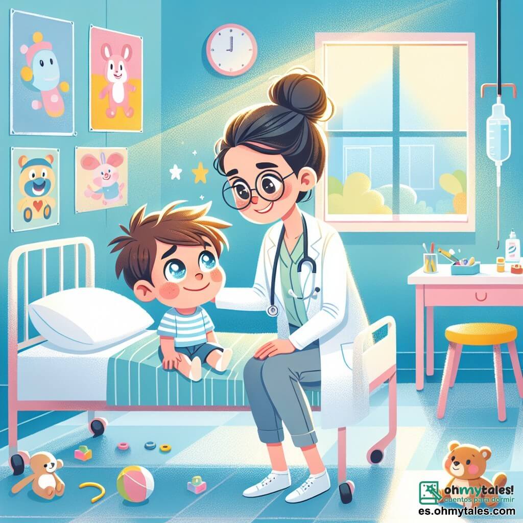 La doctora Ana es una mujer sonriente, de unos treinta años, con el cabello castaño recogido en un moño y gafas redondas. Lleva una bata blanca impecable y tiene un estetoscopio alrededor del cuello, mirando con benevolencia a un niño pequeño. Juan, un niño de 6 años, tiene el cabello rubio desordenado y ojos azules brillantes. Está acostado en una camita de hospital, con una ligera sonrisa en su rostro, mientras Ana escucha su corazón. La escena se desarrolla en una sala de hospital luminosa, con paredes pintadas de azul pastel, carteles coloridos de personajes de dibujos animados y juguetes esparcidos sobre una mesa. Una ventana deja entrar la luz del sol, creando un ambiente cálido y acogedor. La situación principal muestra a Ana examinando a Juan con atención, hablándole suavemente para tranquilizarlo, mientras el niño comienza a sonreír, sintiéndose cada vez más cómodo gracias a la amabilidad de la doctora.