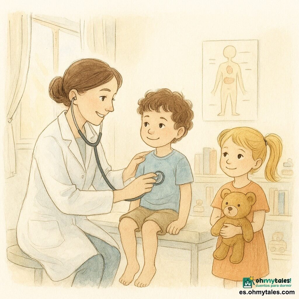 Una mujer médico sonriente de unos treinta años con el pelo castaño recogido en un moño y bata blanca brillante examina a un niño pequeño llamado Leo (unos 4 años, cabello rizado castaño, sonrisa tímida) con un estetoscopio mientras él está sentado en la camilla con las piernas colgando; cerca está Marta (unos 5 años, coletas rubias) abrazando un osito de peluche caramelo llamado Coco y mostrando confianza. La consulta es luminosa, ventana abierta con cortina ligera y un rayo de sol dorado, estanterías bajas con libros coloridos y juguetes de madera y un póster estilizado del cuerpo humano. La médico explica con calma, mano en el hombro de Leo y el estetoscopio en la otra, creando una atmósfera cálida y tranquilizadora en tonos pastel con toques de amarillo.