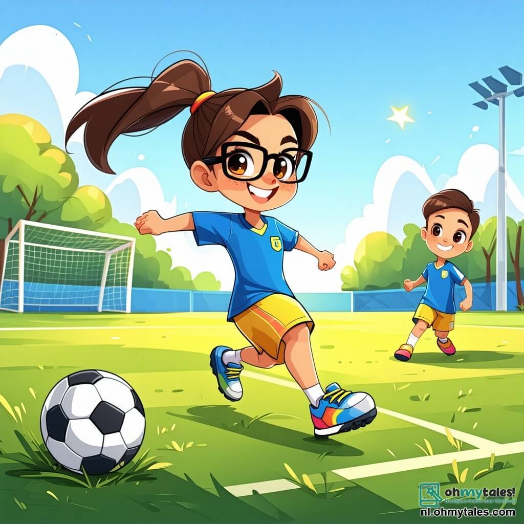 Een jonge vrouw, Lara, staat in het midden van de afbeelding, met bruin haar in een paardenstaart en een stralende glimlach op haar gezicht. Ze draagt een blauwe voetbalshirt en een gele short, met versleten maar kleurrijke sportschoenen. Haar ogen stralen van opwinding en vastberadenheid terwijl ze zich voorbereidt om een penalty te nemen. Naast haar kijkt een negenjarig jongetje met messy blond haar en een bril vol bewondering. Hij draagt een rood t-shirt en een zwarte short, met een oude voetbal onder zijn arm. Een ander kind, een achtjarig meisje met vlechten en een stralende glimlach, springt van blijdschap, gekleed in een kleurrijke stippenjurk. De achtergrond toont een klein grasvoetbalveld, omringd door houten hekken en enkele groene bomen. De lucht is blauw met enkele witte wolken, en kinderen spelen op de achtergrond, lachend en zich vermakend. De scène toont Lara die zich voorbereidt om te schieten, omringd door haar jonge bewonderaars, en vangt een moment van vreugde en kameraadschap op het voetbalveld.