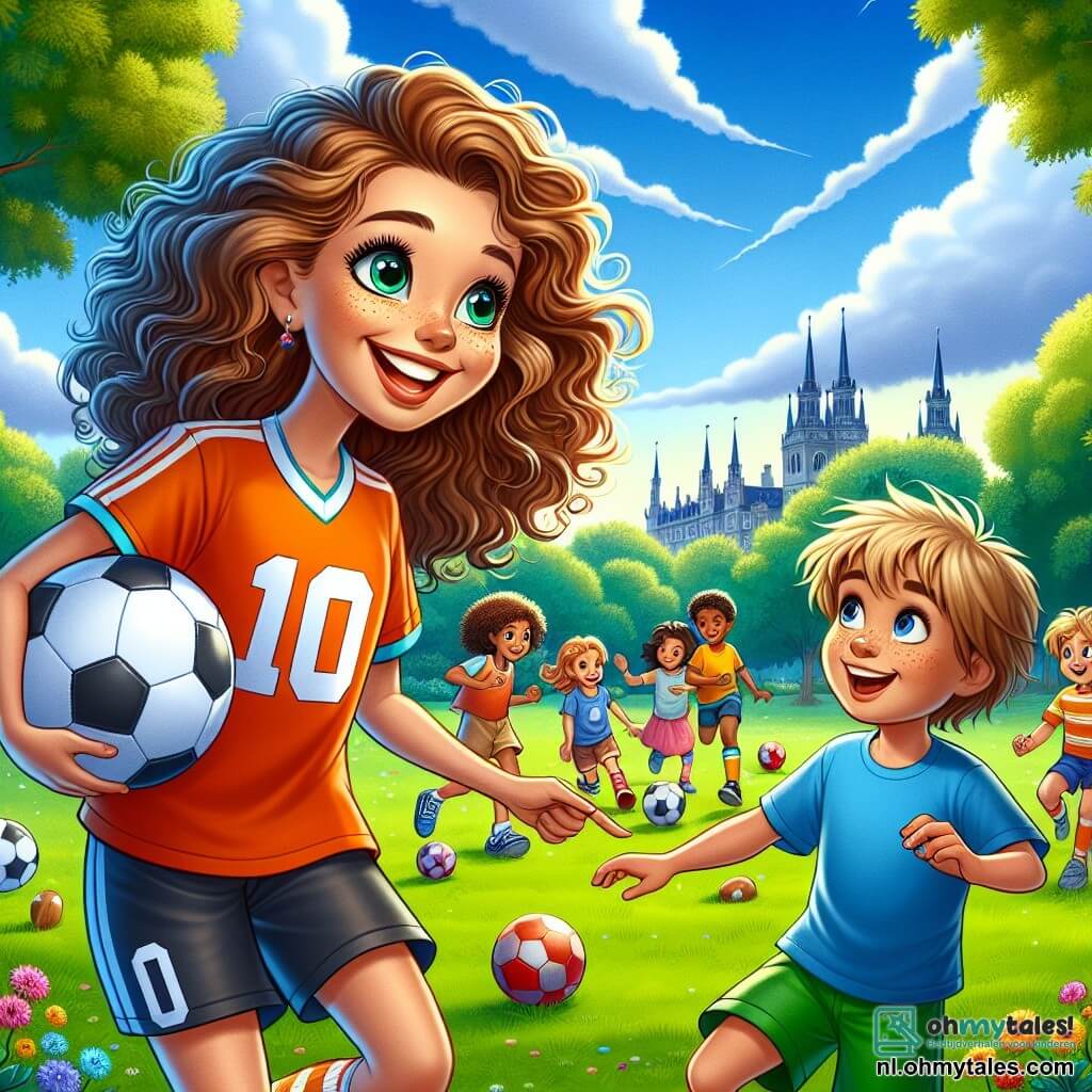 In het midden van de afbeelding glimlacht Lisa, een jonge vrouw met bruin, krullend haar, vrolijk terwijl ze een voetbal vasthoudt. Ze draagt een oranje shirt met nummer 10 en een zwarte short, en haar sprankelende blik toont haar passie voor voetbal. Naast haar staat Tim, een 8-jarig jongetje met een grote glimlach en rommelig blond haar, die aandachtig luistert terwijl hij een rode bal onder zijn arm houdt. Hij is gekleed in een blauwe t-shirt en een groene short. Een groep andere kinderen van verschillende leeftijden en etniciteiten omringt hen, lachend en zich vermakend terwijl ze proberen de bal tussen hen door te passen. De achtergrond is een groen park met majestueuze bomen en een blauwe lucht met enkele witte wolken. Het gras is helder groen en kleurrijke bloemen voegen een vrolijke toets toe. Lisa laat de kinderen zien hoe ze de bal moeten passen, terwijl ze samen oefenen, wat een sfeer van kameraadschap en vreugde creëert.