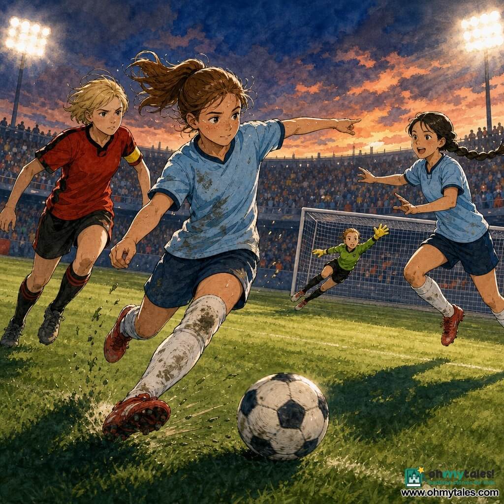 A focused, confident 13-year-old girl with a round face, freckles and a brown ponytail runs across dark green mowed stadium grass at dusk, passing a low decisive right-footed ball while wearing a sky-blue grass-stained jersey, white knee pads and red cleats; a braided 14-year-old teammate to her right stretches her arms to receive, a tall blond 15-year-old opposing captain charges from the left, and a 13-year-old goalkeeper in yellow gloves jumps near the distant goal to block; dramatic diagonal composition with suspended sweat and grass dust, strong stadium lights and blurred colorful stands; colored ink with sharp lines and watercolor textures, warm dusk palette (deep blues, soft oranges, intense greens) and high-contrast lighting.