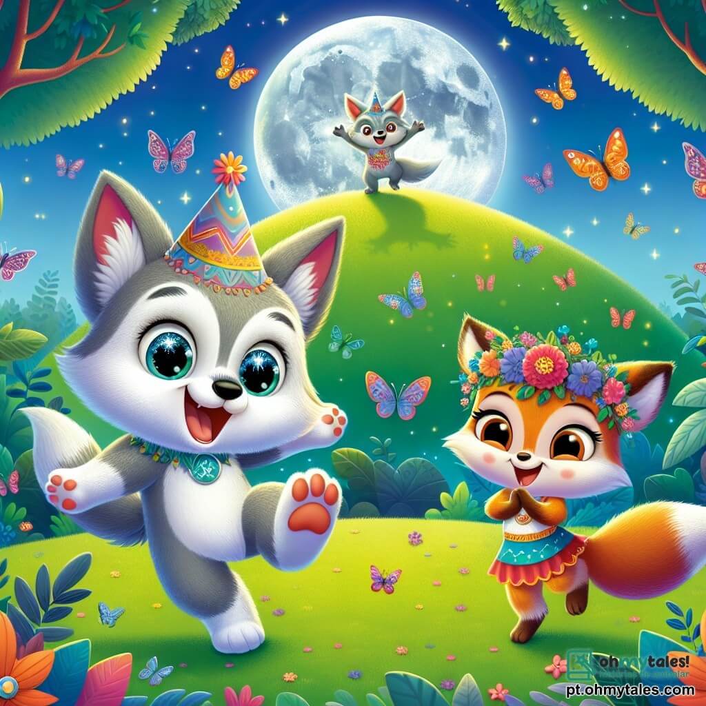 No centro da imagem, um pequeno lobo chamado Lupinho, com pelagem cinza suave e olhos brilhantes como estrelas, dança alegremente em uma colina verdejante, um grande sorriso iluminando seu rosto. Ele usa um pequeno chapéu de festa colorido, e suas patas estão levantadas no ar, mostrando sua empolgação. Ao lado dele, uma pequena raposa chamada Fifi, com pelagem laranja vibrante e olhos travessos, ri enquanto executa passos de dança acrobáticos. Ela usa um colar de flores e parece cheia de energia, adicionando à atmosfera festiva. Ao fundo, uma colina banhada pela luz da lua é cercada por centenas de borboletas coloridas que voam em círculos, criando um espetáculo mágico. Árvores majestosas com folhas cintilantes emolduram a cena, enquanto uma grande flor da lua, brilhante como prata, se ergue orgulhosamente no topo da colina. A situação principal mostra Lupinho e Fifi celebrando um aniversário, cercados por seus amigos animais da floresta, todos reunidos para dançar e se divertir sob um céu estrelado, cheios de alegria e amizade.
