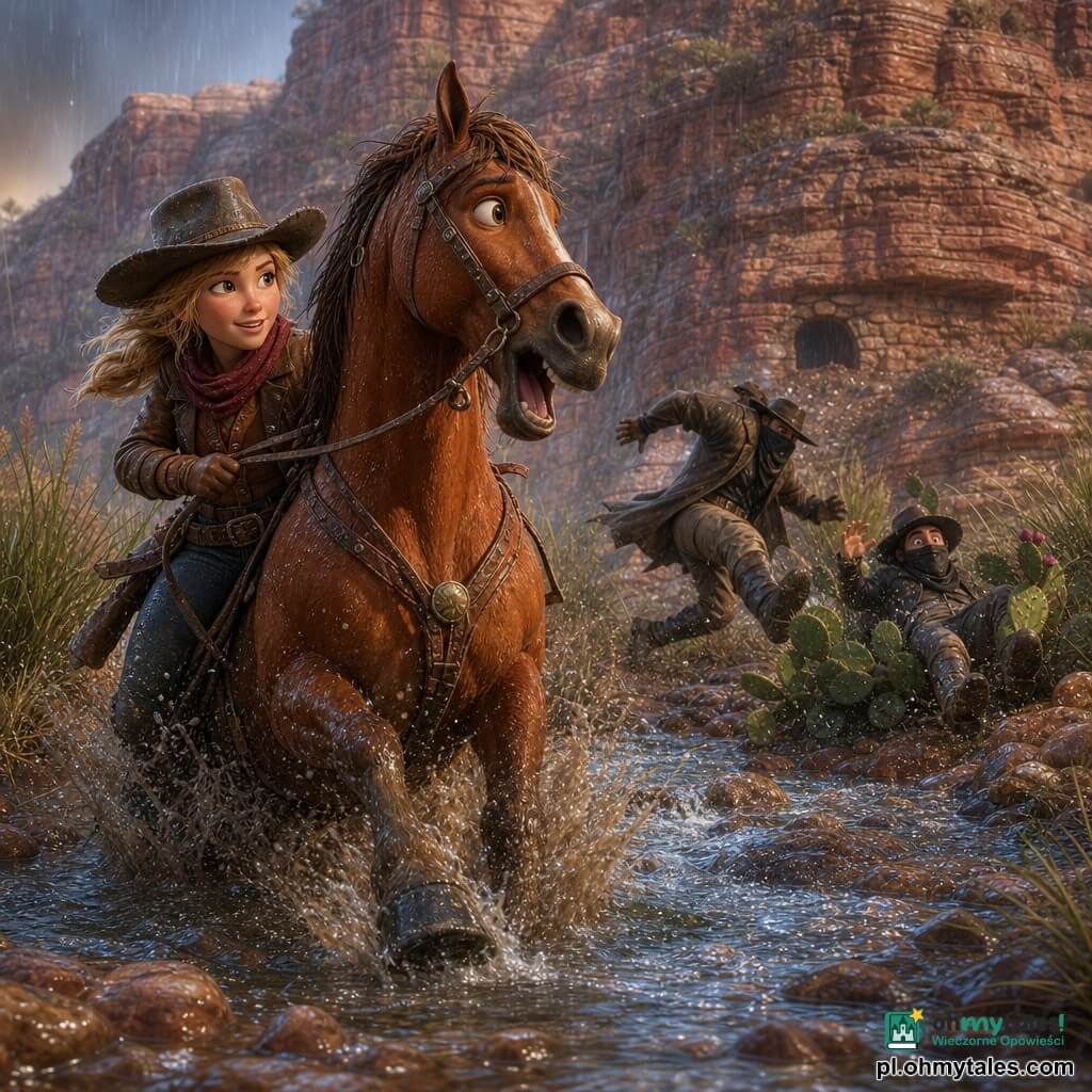 Nastolatka-cowgirl (14–16 lat), blond włosy pod szerokim zużytym kapeluszem, zdecydowana uśmiechnięta twarz, jasne oczy, brązowa skórzana kurtka i czerwony chustę, trzyma wodze konia i biegnie ku błotnistemu strumieniowi; jej koń Błysk (ogier), duży alezan, mokra lśniąca grzywa, odwraca się rżąc, kopyta chlapią wodę; w tle dwaj dorośli bandyci z częściowo zasłoniętymi twarzami bandanami i przygasłymi płaszczami uciekają, potykając się o krzaki opuncji, jeden połowicznie leży w kaktusie; miejsce: duża czerwona prążkowana skała z pęknięciami i rumowiskiem, wysokie mokre trawy, mały ciemny tunel w skale i srebrny strumień na pierwszym planie przy drobnej mżawce zamieniającej ziemię w błyszczącą błoto; scena dynamiczna, kontrast ciepłych ochrowych skał z chłodnymi refleksami wody; styl realistyczny lecz miękki, zaokrąglone tekstury, światło po ulewie z widocznymi kroplami, paleta czerwieni ochry, wilgotnej zieleni i niebiesawych szarości.