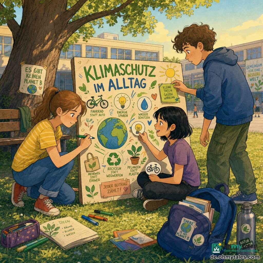 Zwei 12-jährige Mädchen und ein etwa 13-jähriger Junge bereiten gemeinsam in der sonnigen Pausenhofmitte ein großes, buntes Poster „KLIMASCHUTZ IM ALLTAG“ für die Schulbibliothek vor: ein hellbraunhaariges Mädchen mit Pferdeschwanz und Sommersprossen hockt auf dem Rasen und zeichnet mit Filzstiften, Leni mit kurzen schwarzen Haaren klebt Piktogramme von Fahrrad und Glühbirne an, der lockige, braunhaarige Junge steht daneben, zunächst skeptisch, fügt dann einen Aufkleber „Wasserflasche auffüllen“ hinzu; Umgebung: rissiger, sonniger Boden, Holzbänke, ein großer Baum spendet Schatten, verstreute Blätter und ein offenes Schulranzen, Atmosphäre kooperativ, hoffnungsvoll und tatkräftig.