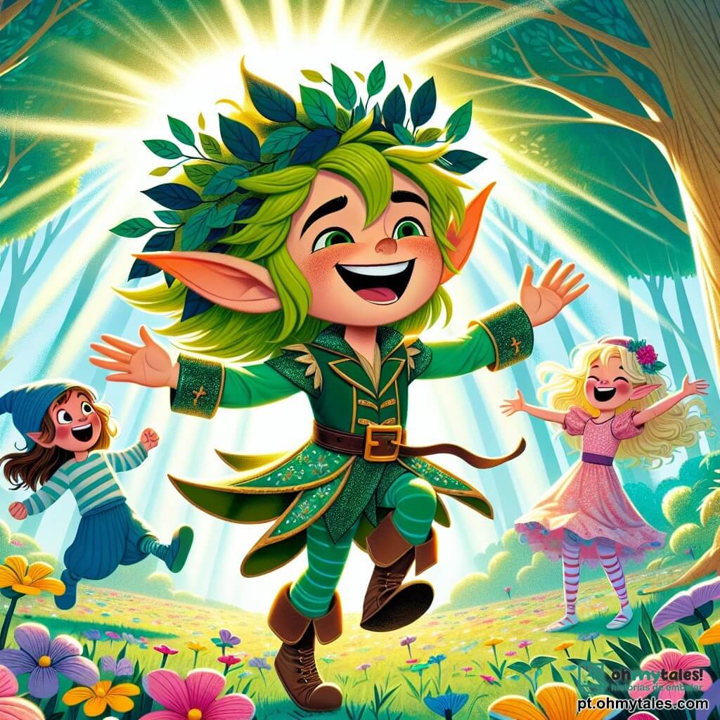 Um elfo alegre chamado Lúcio, com grandes orelhas pontudas, cabelos verdes brilhantes e um sorriso radiante, dança no meio de uma clareira ensolarada, cercado por flores coloridas que parecem dançar com ele. Ele usa um pequeno chapéu pontudo enfeitado com folhas e uma túnica brilhante, seu rosto expressa imensa alegria. Perto dele, uma menina de 8 anos, vestida com um vestido rosa de babados, ri ao olhar para Lúcio, com os cabelos loiros ao vento. Ela segura um balão colorido e está pronta para se juntar à dança. Um menino de 9 anos, usando um boné azul e uma camiseta listrada, pula de alegria, com os braços levantados e um grande sorriso no rosto. A cena ocorre em uma floresta mágica, onde as árvores são altas e majestosas, suas folhas brilhando sob o sol. Flores multicoloridas cobrem o chão, e raios de luz filtram-se pelas ramas, criando uma atmosfera encantada. Lúcio, em plena dança, faz uma acrobacia divertida, mas escorrega e cai na grama, provocando risadas gerais. As crianças se divertem juntas, celebrando a amizade e a magia da floresta.