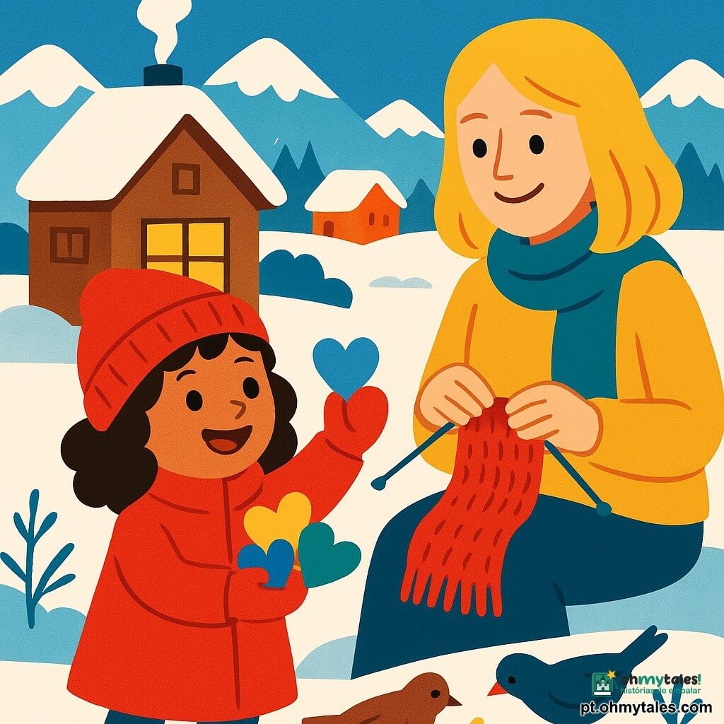 Uma menina de 6 ans, Lia, com cabelos castanhos encaracolados e olhos brilhantes, usa um casaco vermelho vivo, um gorro e luvas. Ela está alegre e sorridente, distribuindo cachecóis coloridos aos moradores do vilarejo. Ao lado dela, sua mãe, uma mulher de trinta e poucos anos com cabelos loiros e um sorriso caloroso, ajuda a tricotar cachecóis. Elas estão em frente a uma casa de madeira coberta de neve, com um jardim nevado onde pássaros bicam migalhas de pão. A cena acontece em uma vila pitoresca cercada por montanhas nevadas, com telhados brancos cintilantes sob um céu azul claro. A atmosfera é acolhedora e convidativa, apesar do frio de inverno.