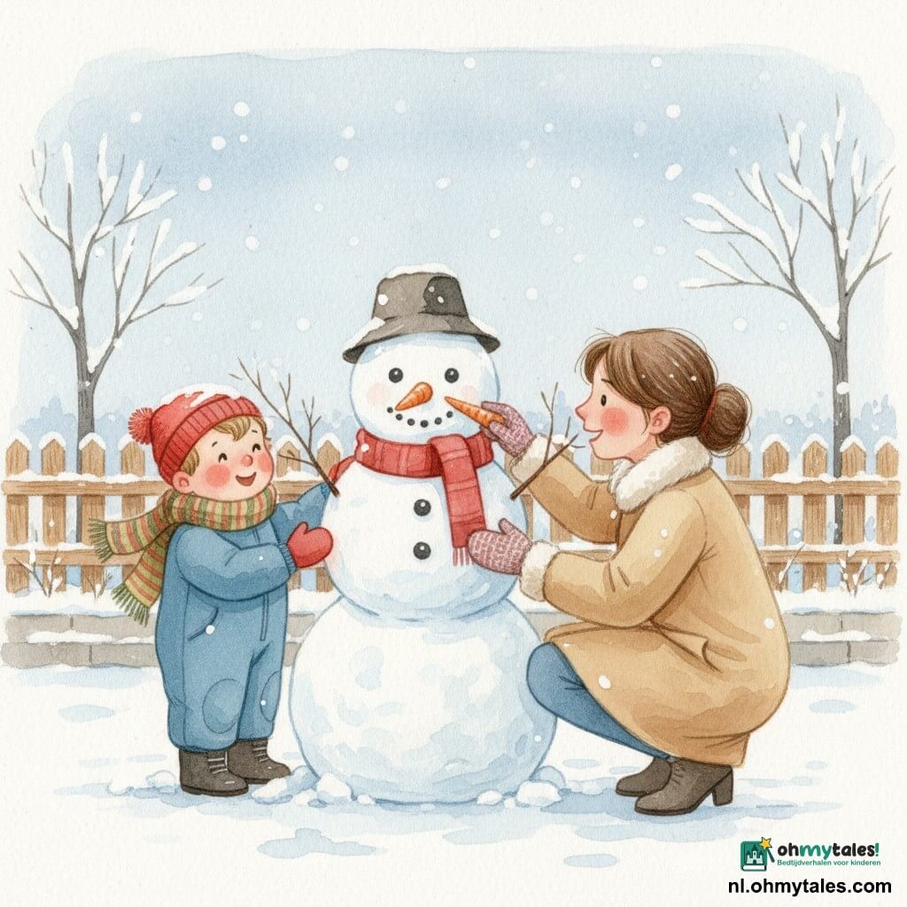 Een tweejarige jongen speelt met zijn moeder in een besneeuwde tuin terwijl ze samen een grote sneeuwpop maken; de jongen heeft een rond gezicht en rode wangen, draagt een blauwe overall, een dikke gestreepte sjaal en een rode muts en houdt een wortel bij het gezicht van de sneeuwpop, de moeder van circa 30 jaar is geknield in een beige warme mantel met gebreide wanten en zet zachtjes de wortel als neus, de sneeuwpop staat in het midden met drie witte bollen, kolenogen, een rode sjaal, een vilten hoed en takjes als armen, rondom een houten schutting, besneeuwde bomen, een licht besneeuwd trottoir en vallende vlokken onder een bleek blauwgrijze hemel in een zachte, pastelachtige aquarelachtige sfeer.