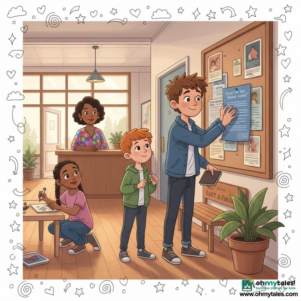 A curious, proud 12-year-old boy with messy brown hair and a denim jacket holds a slightly crumpled blue poster in one hand and a detective notebook in the other, smoothing the poster against a cork bulletin board; a shy, relieved 9-year-old redheaded boy stands in front of the board holding thumbtacks and smiling nervously as he pins it while the older boy encourages him; Ms. Imani, about 35, calm and kind with brown skin and a colorful blouse, stands behind the counter nearby watching reassuringly; Nia, a focused 13-year-old girl with braids, crouches by an art table to the left drawing small hand-drawn stars beside the poster; the warm cultural center hall has shiny wooden floors, a large cork board with flyers, a potted plant by a lost-and-found bench, soft light from large windows and a hallway door in the back; the scene shows a group repairing the blue show poster together with attentive gestures, shy smiles, and small doodles of comets, stars and a magnifying glass overlaying the scene.