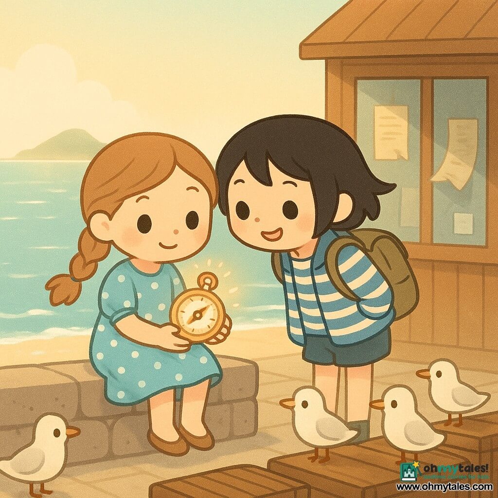 Two girls, Ivy (10, light brown hair in a braid, sky-blue polka-dot dress) sitting on a low stone wall at left holding a shiny brass compass that points to the sea, and Mina (10, short black hair, blue-and-white striped sailor jacket, khaki backpack) standing at right, leaning toward Ivy with a mischievous smile; they stand by a small varnished wooden map kiosk with dusty windows and faded posters on a busy wooden quay; white seagulls and a row of wooden chests in the foreground, a hazy, shimmering island on the blue-green horizon and silver waves beyond; the brass compass glows warmly and seems to vibrate like a tiny heart, the girls’ faces lit with wonder in golden morning light and a light breeze lifting strands of hair and fluttering the kiosk brochures.