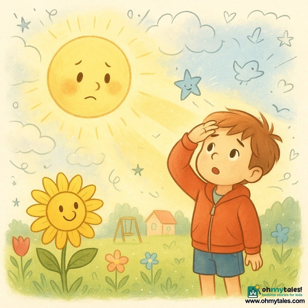 A small anthropomorphic pale-yellow Sun (Sunnykin) with a round childlike face, gentle eyes, timid mouth, short rays and a soft golden halo, hesitant but emotional, casting a faint glow through fluffy clouds; a ~6-year-old boy (Andy) with light brown hair, red jacket and blue shorts, surprised then reassured, standing in the lower right of his garden looking up with one hand above his eyes; a large anthropomorphic sunflower with luminous yellow petals and a slightly drooping smiling face near Andy to the left, turning its head toward the light; a tiny pale-blue smiling star floating near the Sun whispering encouragements; setting: a colorful foreground garden with textured green grass, varied flowers, a wooden swing and a few stylized low-flying birds, pastel houses in the background and a band of fluffy clouds at the Sun’s level; main moment: the Sun hesitates then begins to shine stronger, golden rays gently piercing the clouds and falling as warm beams on the boy, sunflower and garden, creating a soft, bright, hopeful mood; graphic style: vivid but soft colors, rounded outlines, paper texture and small white doodle overlays (stars, hearts, motion lines) to emphasize joy.