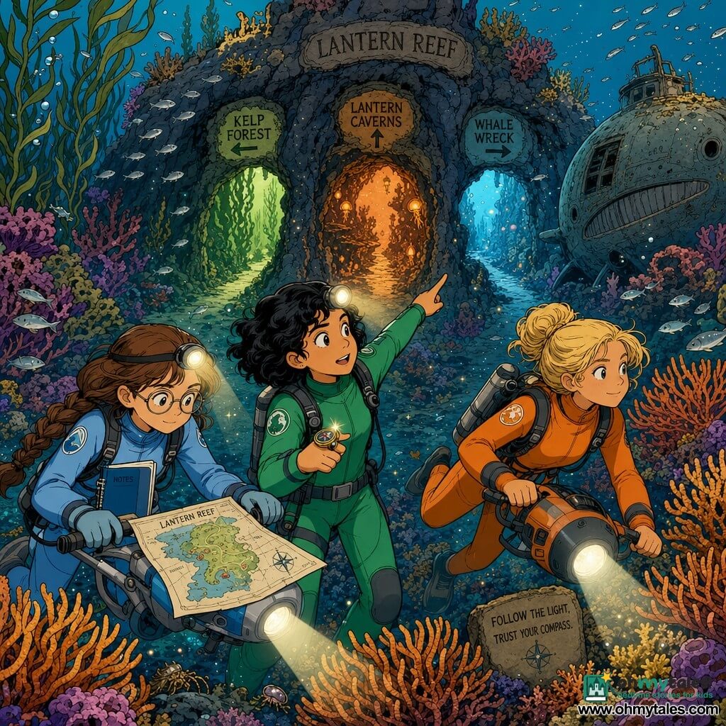 There are three 12-year-old girls at Lantern Reef: Mina (left) with brown braided hair, round glasses and a pale blue wetsuit with a small waterproof notebook on her chest, leaning over a map on a underwater scooter's handlebars; Jo (center) with short curly black hair, an emerald-green wetsuit and a shiny compass ring, pointing determinedly ahead toward three glowing paths; and Tess (right) with blonde hair in a bun and an orange wetsuit holding a compact mini-scooter, slightly behind and ready to accelerate. They float before a dark rock arch that opens into three lighted routes—soft green left, warm orange center, pale blue right by a whale-shaped wreck—over a colorful tower coral reef with orange anemone fields, dark kelp forests, clear water dotted with glittering plankton; their lamps cast cones of light, silver fish swirl around, a guiding line between them shows they must choose a path, expressions of adventure and curiosity, crisp lines, bright contrasting colors in a European comic style.