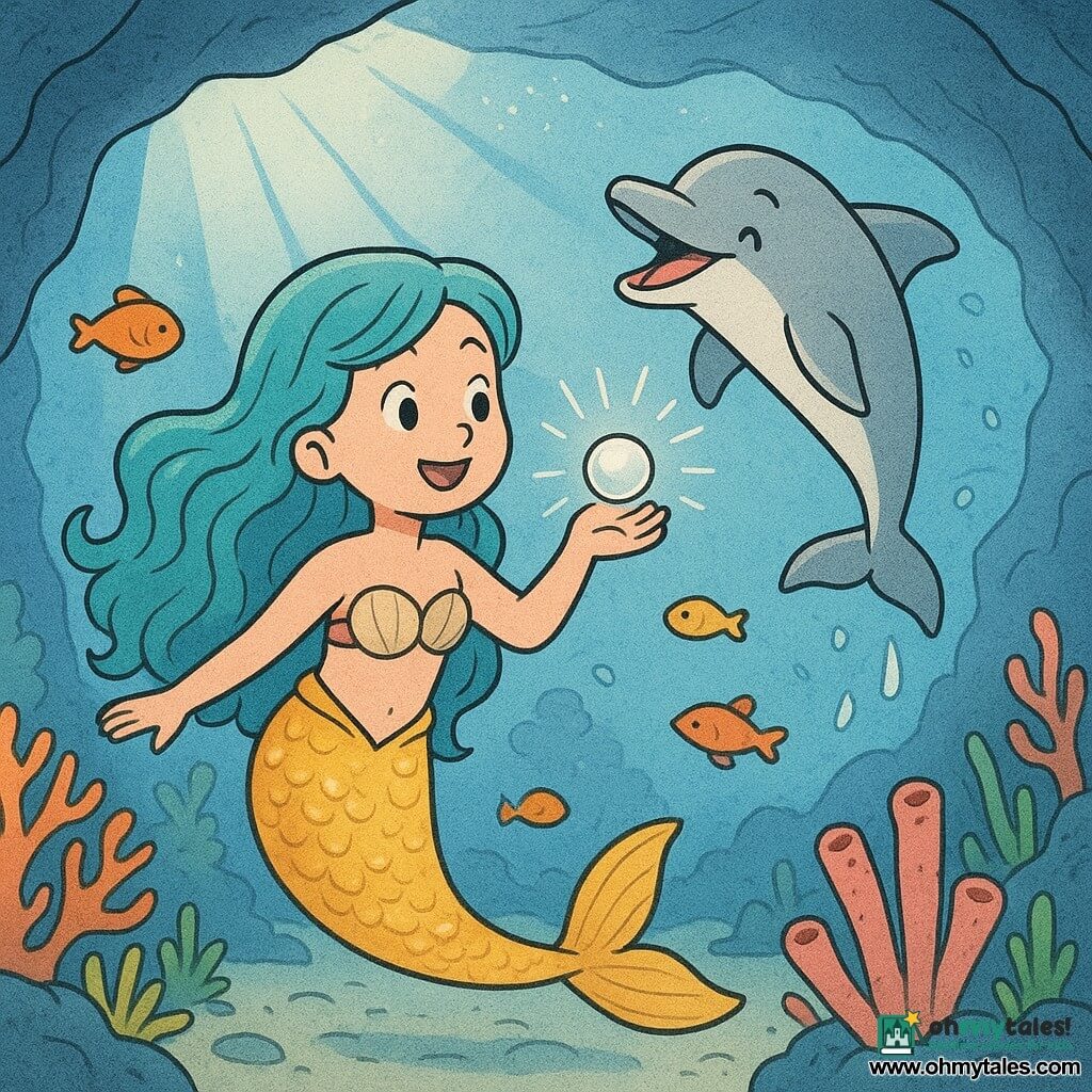 A mermaid named Coral, with long wavy turquoise hair and a shimmering tail with golden scales, swims joyfully in an underwater cave. Her face radiates curiosity and wonder as she discovers a magical pearl that shines brightly. Beside her, a playful dolphin named Splash, with silver fins and sparkling eyes, leaps happily out of the water, sharing Coral's excitement. The scene takes place in an underwater cave, illuminated by beams of light filtering through the clear water, surrounded by colorful corals and vibrant fish dancing around them. Coral reaches for the magical pearl, her heart racing with excitement, while Splash encourages her with a beaming smile, creating an atmosphere of joy and adventure.