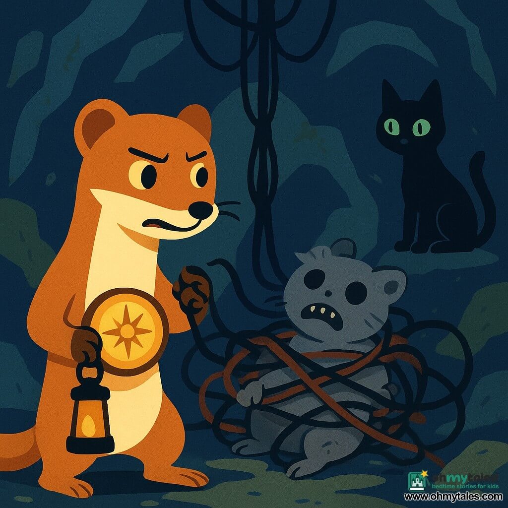 Pip, a young stoat with tawny fur and a thin white stripe between his eyes, looks determined and frightened, clutching a small glowing amber compass to his chest while stepping back with a leather lantern hanging from his forepaw; Nyx, a skinny black cat with pale green eyes, watches from the crevasse entrance, sitting on a stone to Pip’s right with anxious, alert eyes; the Direction-Stealing Creature, a small smoky-gray furred being with a zipper-mouth and dull button eyes, is tangled in dark cords at the center of an entanglement, wearing a confused, angry expression; the Hollow Seam is a damp underground cavity with moss-fissured stone walls and a central spindle-like pillar of hanging laces, lit by the compass’s warm golden glow contrasted with bluish shadows; main situation: a tense, dramatic confrontation as Pip tries to reclaim the compass while the ensnared creature struggles to hold it and Nyx guards the entrance; mood foreboding yet hopeful, palette of dark blue, warm amber and red rope accents; clean graphic style with simple shapes, flat color and visible leather and stone textures, composition centered on the glowing compass.