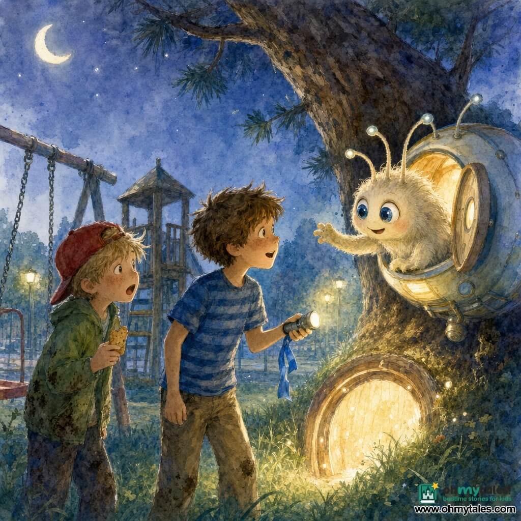 Three characters: a boy about nine with short messy brown hair, a blue striped T-shirt, khaki pants, holding a small flashlight with a blue ribbon, standing center in front of a glowing circular door and looking with wonder at the alien; another boy about nine with blond hair, a red cap worn backwards, a green jacket stained with dirt, holding a piece of biscuit, standing left and slightly behind, half-surprised, half-excited; and a small plushy cat-sized alien with cream fur, three flexible tiny antennae, large round marble-blue eyes and a smile, emerging from a small round floating light cabin to the right and slightly above the children, reaching a friendly paw toward the boy with the blue ribbon. Scene: a nighttime playground under a leaning pine with metal swings, worn wooden play structures and short dewy grass, distant pale streetlights and a twilight sky with a thin moon, bluish reflections on the grass. Main situation: a soft circular door of light on the grass opens onto a warm little spacecraft cabin; the close-up composition captures the friendly meeting between the two boys and the alien, lit by pale yellow and blue halos, with benevolent expressions and a magical but safe atmosphere.