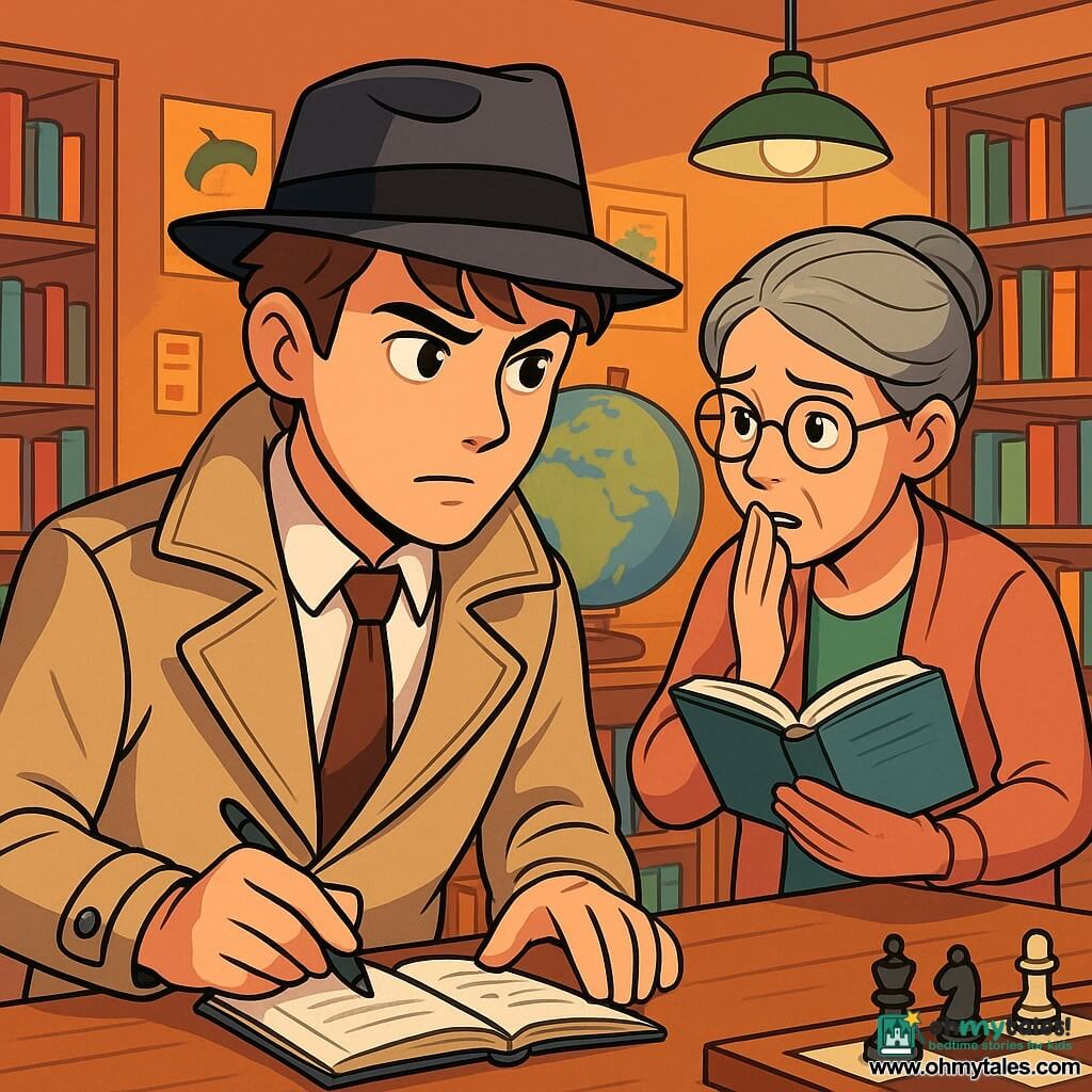A detective named Owen stands at the center of the scene, looking focused and determined. He wears a beige trench coat and a slightly tilted black hat, holding a notebook in one hand while the other rests on a wooden table. His brown hair is slightly tousled, and his eyes shine with intelligence. Next to him, a middle-aged woman, Mrs. Flores, the librarian, appears concerned. She has gray hair neatly tied in a bun and wears round glasses. Holding an open book showing a page with notes, she leans slightly toward Owen as if whispering a secret. In the background, a young boy, Sid, about 12 years old, sits at a table with furrowed brows, playing chess. He has brown hair and wears a blue t-shirt with a knight design, looking at the board with intense concentration. The setting is a cozy library with wooden shelves filled with colorful books, soft lighting illuminating the corners, and children's book posters decorating the walls. A large globe sits in the center, adding a touch of adventure to the atmosphere. The main situation shows Owen examining a computer while Sid, worried, observes from a distance. The air is filled with mystery, and the excitement of an ongoing investigation is palpable, where every detail matters to solve the mystery of the hidden treasure.