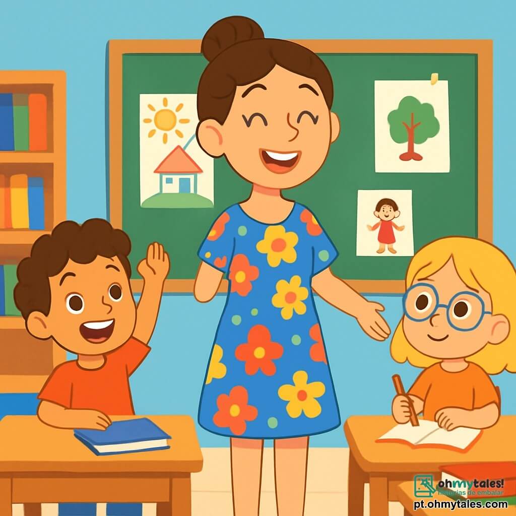 Uma professora sorridente, Sofia, está de pé no centro de sua sala de aula iluminada, cercada por paredes pintadas de azul claro e decoradas com desenhos de crianças. Ela tem cabelos castanhos presos em um coque, usa um vestido colorido com flores e exibe uma expressão alegre e entusiasmada. À sua direita, uma menina de 6 anos, Ana, com cabelos loiros e óculos redondos, olha timidamente para Sofia, segurando um lápis na mão. À esquerda, um menino de 5 anos, Lucas, com cabelos cacheados e camisa vermelha, levanta a mão com um grande sorriso, pronto para responder a uma pergunta. A sala está cheia de mesas de madeira, livros coloridos nas estantes e desenhos pendurados no quadro. Sofia explica com paixão as atividades do dia, enquanto Ana e Lucas a ouvem atentamente, ansiosos para aprender.