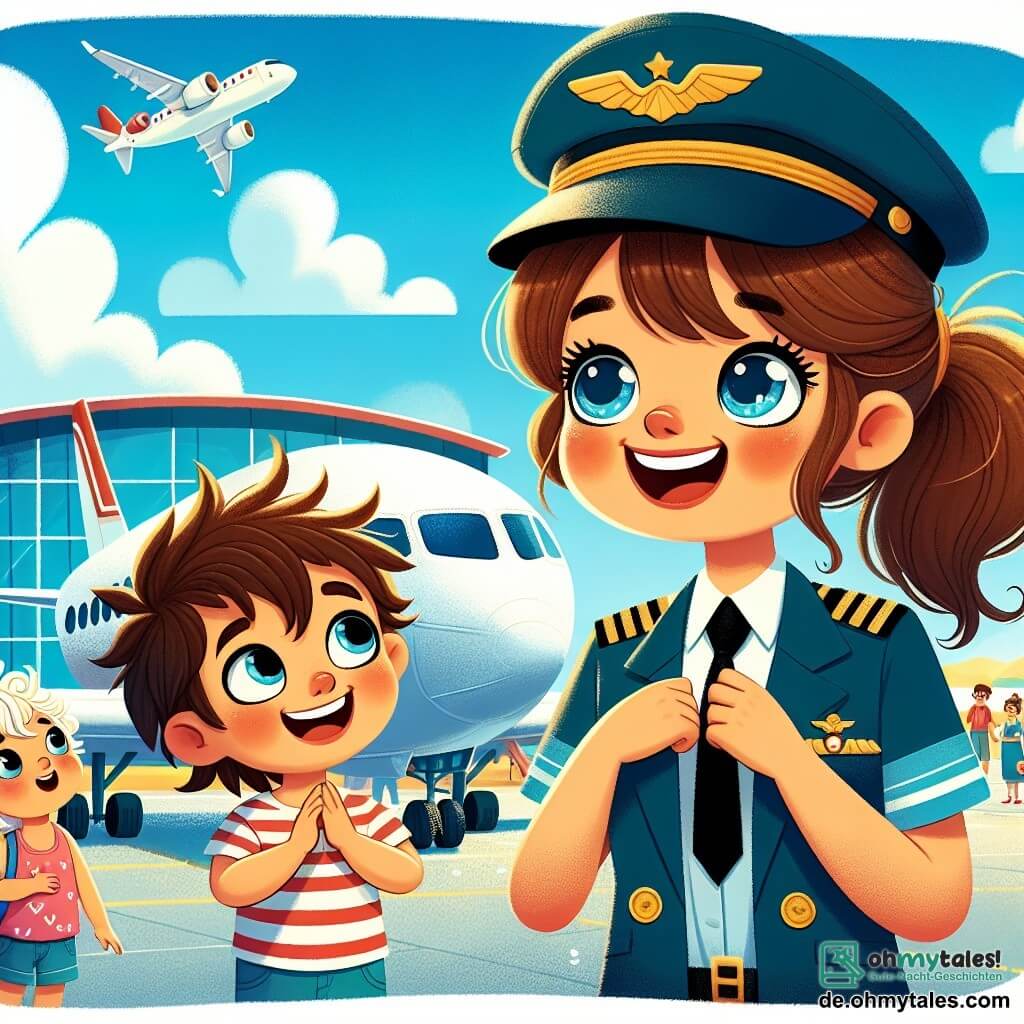 Eine Pilotin, Amelia, lächelt begeistert in einer blauen Uniform mit einer Kapitänsmütze. Ihre braunen Haare sind zu einem Pferdeschwanz gebunden, und ihre Augen strahlen vor Freude, während sie vor einem großen silbernen Flugzeug steht. Neben ihr ist ein 6-jähriger Junge namens Leo mit zerzausten blonden Haaren und einem roten T-Shirt, der aufgeregt die Hand hebt und mit weit aufgerissenen Augen aussieht, als hätte er eine unglaubliche Entdeckung gemacht. Ein weiteres Kind, Mia, ein 5-jähriges Mädchen mit lockigem Haar und einem rosa Kleid, schaut Amelia bewundernd an, die Hände vor sich gefaltet, und träumt davon, Pilotin zu werden. Der Ort ist ein sonniger Flughafen mit einem klaren blauen Himmel und einigen flauschigen weißen Wolken. Im Hintergrund sind Flugzeuge unterschiedlicher Größen auf dem Rollfeld geparkt, und Menschen bewegen sich geschäftig darum herum, was eine lebhafte und fröhliche Atmosphäre schafft. Die Hauptsituation zeigt Amelia, die den Kindern von ihren Flugabenteuern erzählt und sie mit Geschichten über flauschige Wolken und wunderschöne Regenbögen fesselt, während Leo und Mia gebannt zuhören, beeindruckt von ihren Erzählungen.