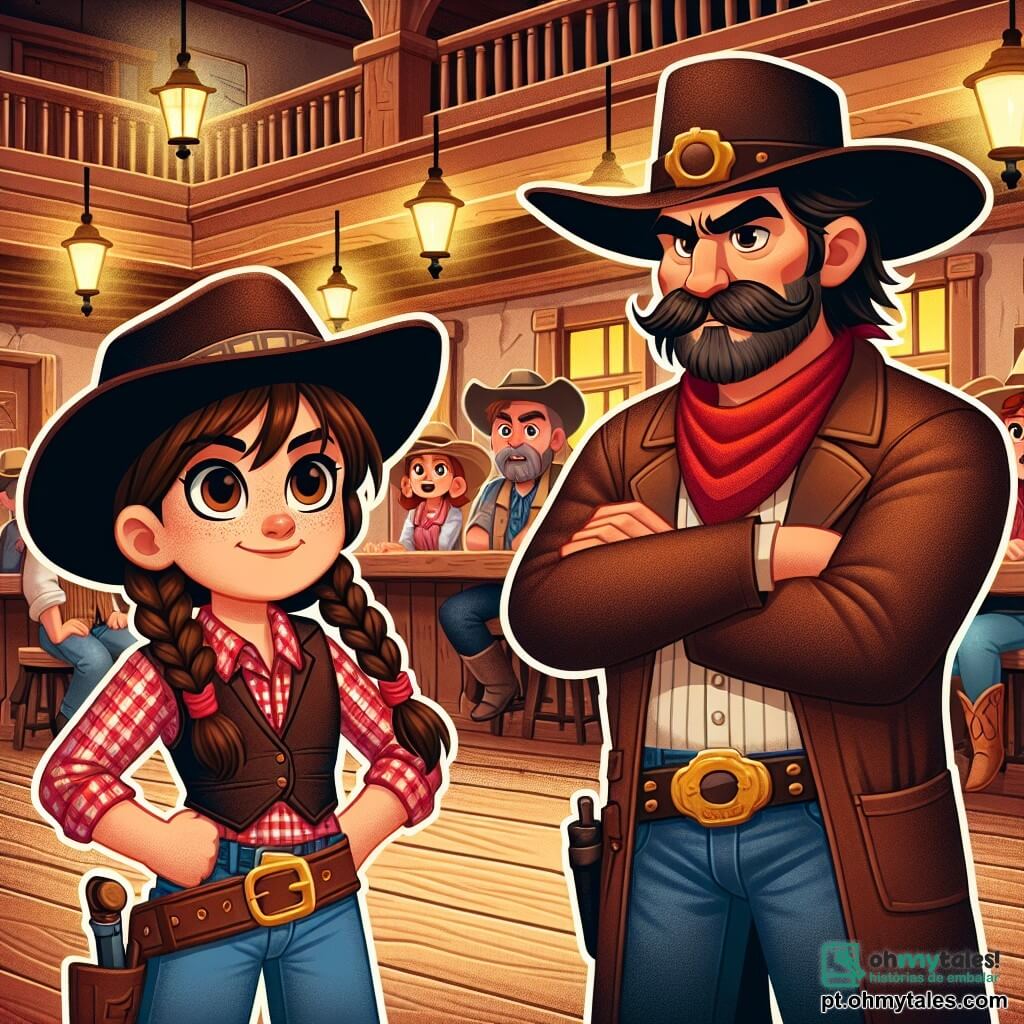 Clara, uma corajosa cow-girl de cerca de 12 anos, usa um grande chapéu de cowboy e uma camisa xadrez vermelha. Ela tem cabelos castanhos presos em uma trança e exibe um sorriso determinado. Ela se posiciona firmemente diante de Tex, um cowboy imponente que parece surpreso e um pouco envergonhado, com um rosto marcado e um grande bigode. Tex, um homem na casa dos trinta anos, veste uma jaqueta de couro e calças jeans, com os braços cruzados, a alguns passos de Clara. A cena ocorre em um saloon animado, com paredes de madeira envelhecida e mesas de carvalho. Lâmpadas a óleo iluminam o ambiente, e clientes curiosos assistem à confrontação com expressões de excitação e espanto. Clara desafia Tex, pronta para provar sua bravura, enquanto a multidão aplaude e incentiva a jovem cow-girl. A atmosfera está carregada de tensão e antecipação, com risadas e murmúrios de admiração ecoando no ar.