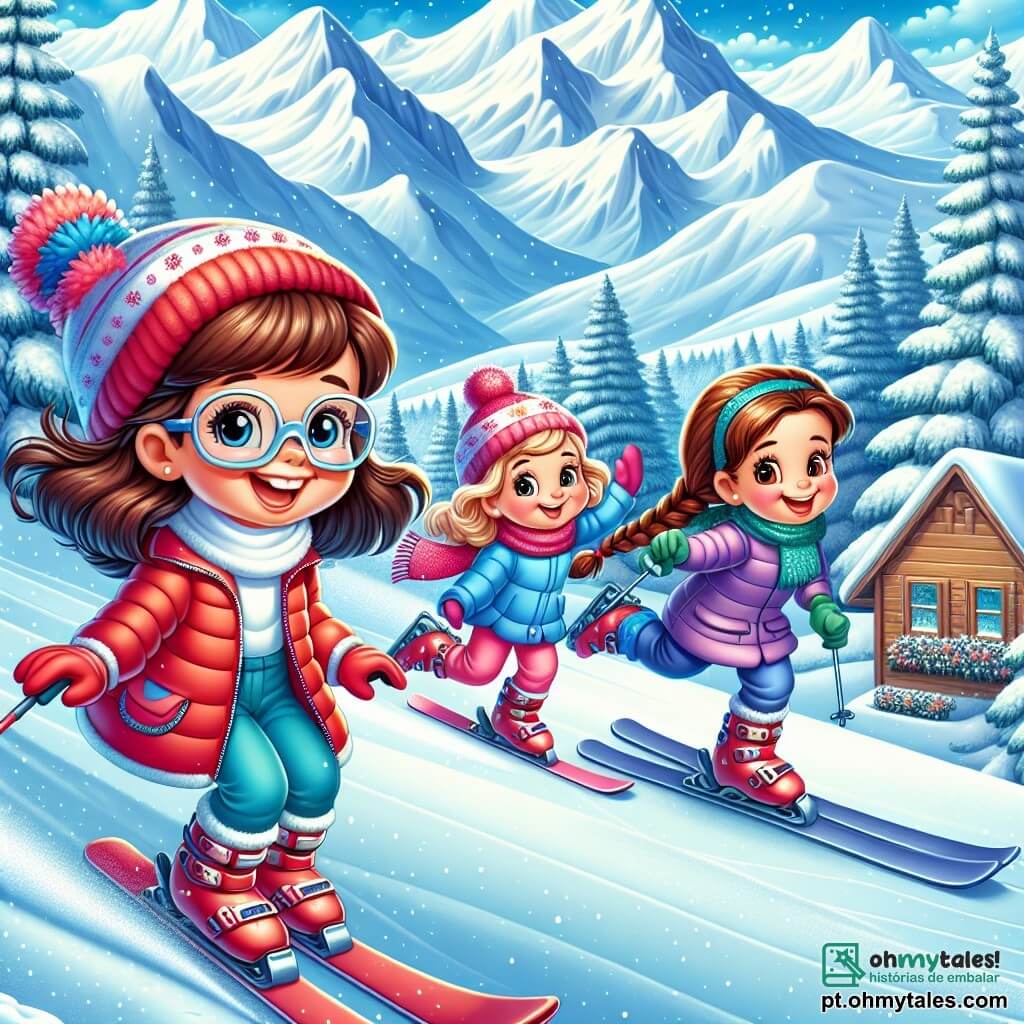 Três meninas de 8 anos, Ana, Sofia e Lara, estão reunidas em uma pista de esqui coberta de neve. Ana, com cabelos castanhos e óculos, usa um casaco vermelho e um gorro combinando, pronta para deslizar com um grande sorriso. Sofia, com cabelos loiros e cacheados, veste um casaco azul e um cachecol rosa, rindo enquanto tenta manter o equilíbrio. Lara, com cabelos castanhos e uma trança, usa um casaco roxo e luvas verdes, fazendo uma pirueta com os braços levantados. O cenário é encantador: montanhas majestosas cobertas de neve, pinheiros carregados de neve e um céu azul claro com algumas nuvens brancas. Ao longe, vê-se um chalé de madeira com fumaça saindo da chaminé, adicionando um toque acolhedor à cena invernal. As meninas se divertem correndo de esqui, rindo e gritando de alegria, enquanto flocos de neve caem suavemente ao redor, criando uma atmosfera mágica e festiva.