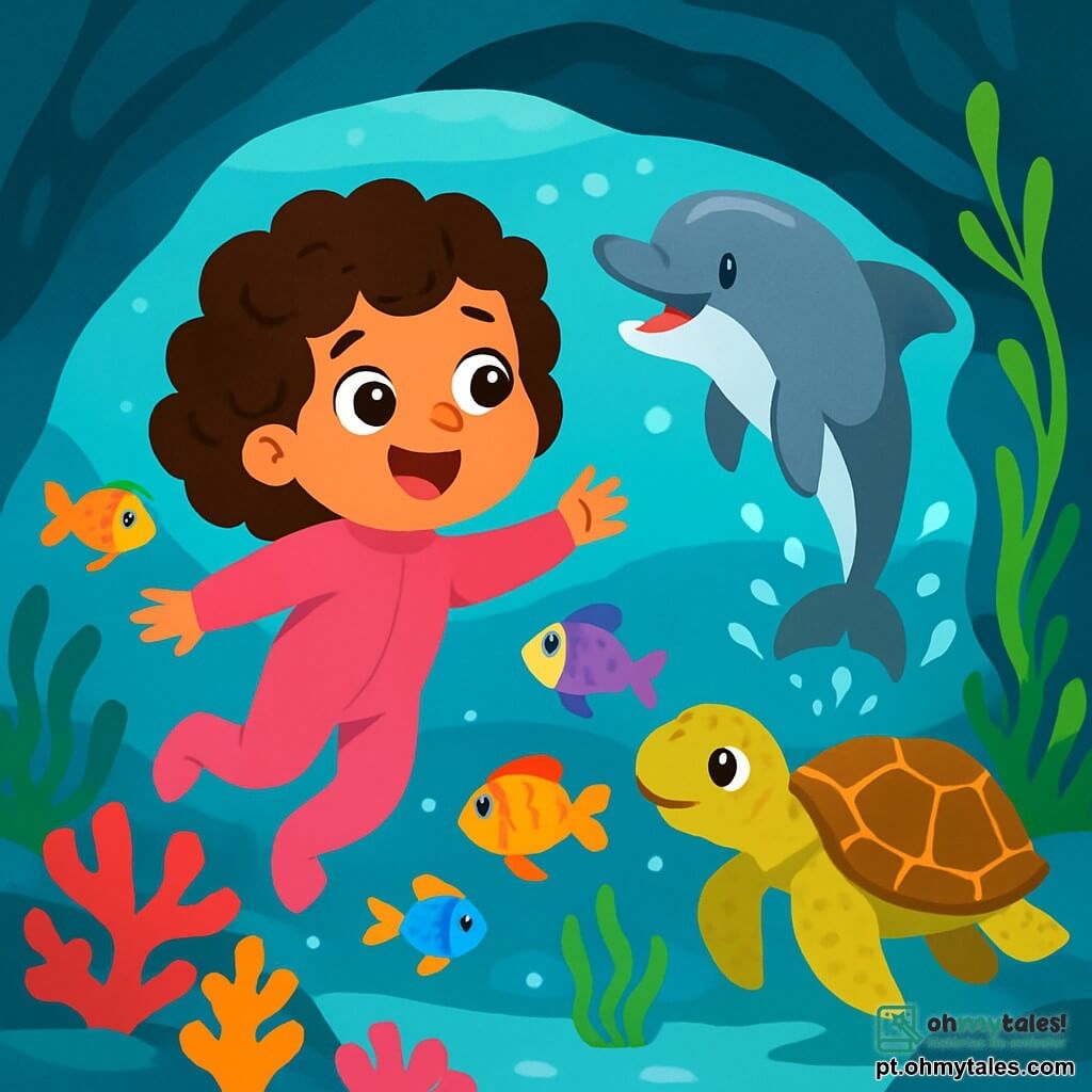 Uma menina de 4 anos, com grandes olhos brilhantes e cabelos cacheados, veste um maiô rosa e sorri com encantamento. Ela nada alegremente em uma água turquesa, cercada por peixes coloridos que dançam ao seu redor. Ao seu lado, um golfinho travesso, com escamas prateadas, salta fora da água, espirrando gotas cintilantes. Um pouco mais longe, uma majestosa tartaruga marinha, com uma carapaça adornada de padrões dourados, se move lentamente, observando a cena com curiosidade. O fundo do mar está repleto de corais vibrantes, plantas aquáticas verdes e raios de luz filtrando através da superfície da água. A menina, o golfinho e a tartaruga exploram juntos uma caverna misteriosa, onde algas suaves formam uma entrada mágica.