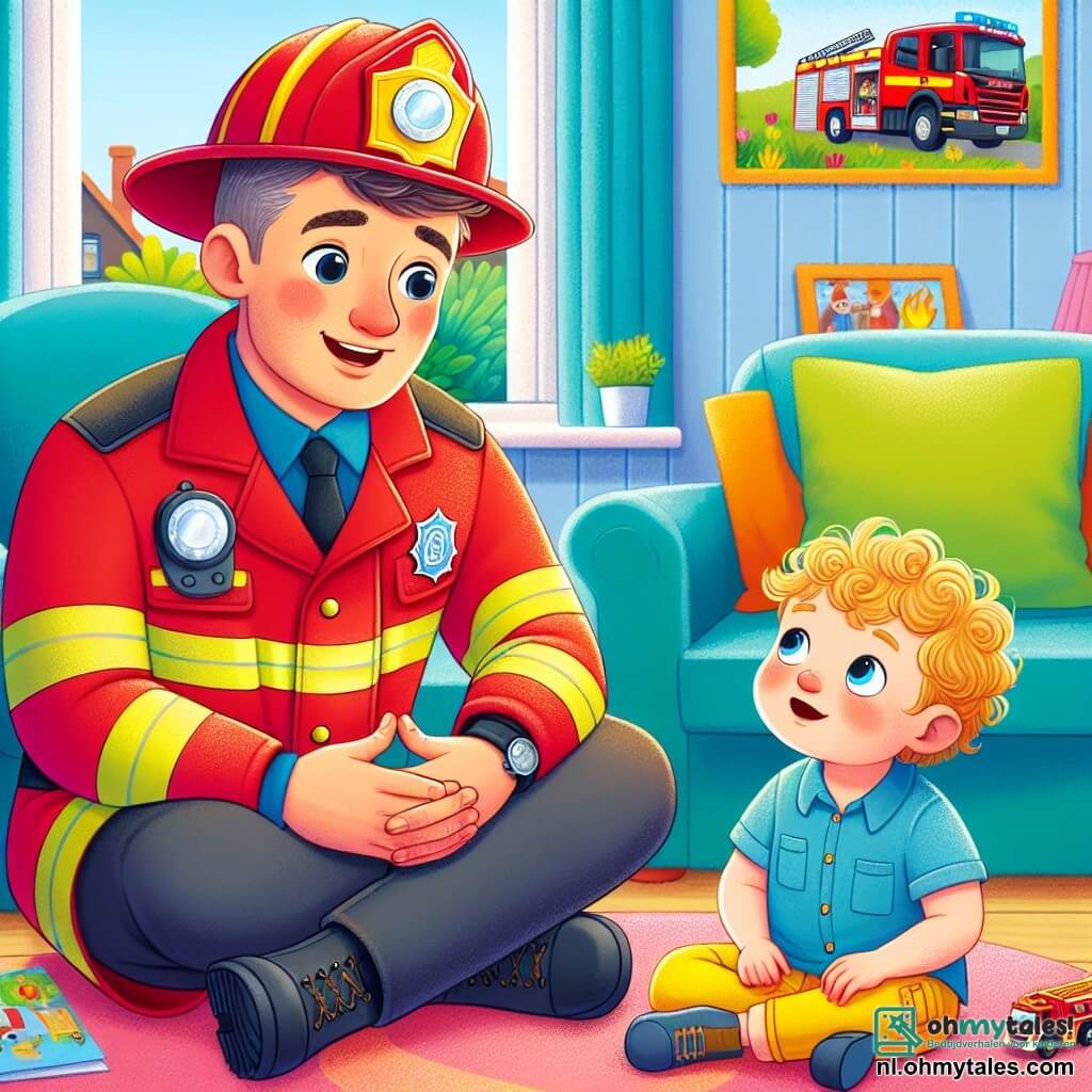 Een brandweerman, genaamd Bram, zit op een comfortabele stoel in zijn woonkamer. Hij draagt een grote rode pet en een glanzend brandweerkostuum, met een warme glimlach op zijn gezicht. Zijn ogen stralen van trots en geluk. Naast hem kijkt een jongetje van ongeveer 5 jaar met blond, krullend haar vol bewondering naar hem. Hij draagt een blauwe t-shirt en een gele short, terwijl hij een klein plastic brandweervoertuig in zijn handen houdt. De woonkamer is versierd met posters van brandweervoertuigen en kleurrijke speelgoedjes verspreid over de vloer. Een groot raam laat zonlicht binnen, dat de kamer verlicht. Bram vertelt een boeiend verhaal over zijn werk als brandweerman, terwijl het jongetje aandachtig luistert, met verwonderde ogen.
